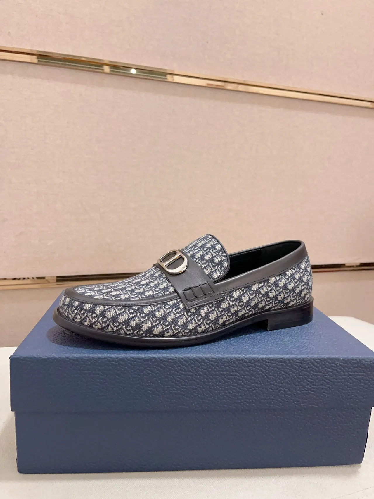 Dior Navy Black Monogrammed Canvas Metal D-Buckle Loafer