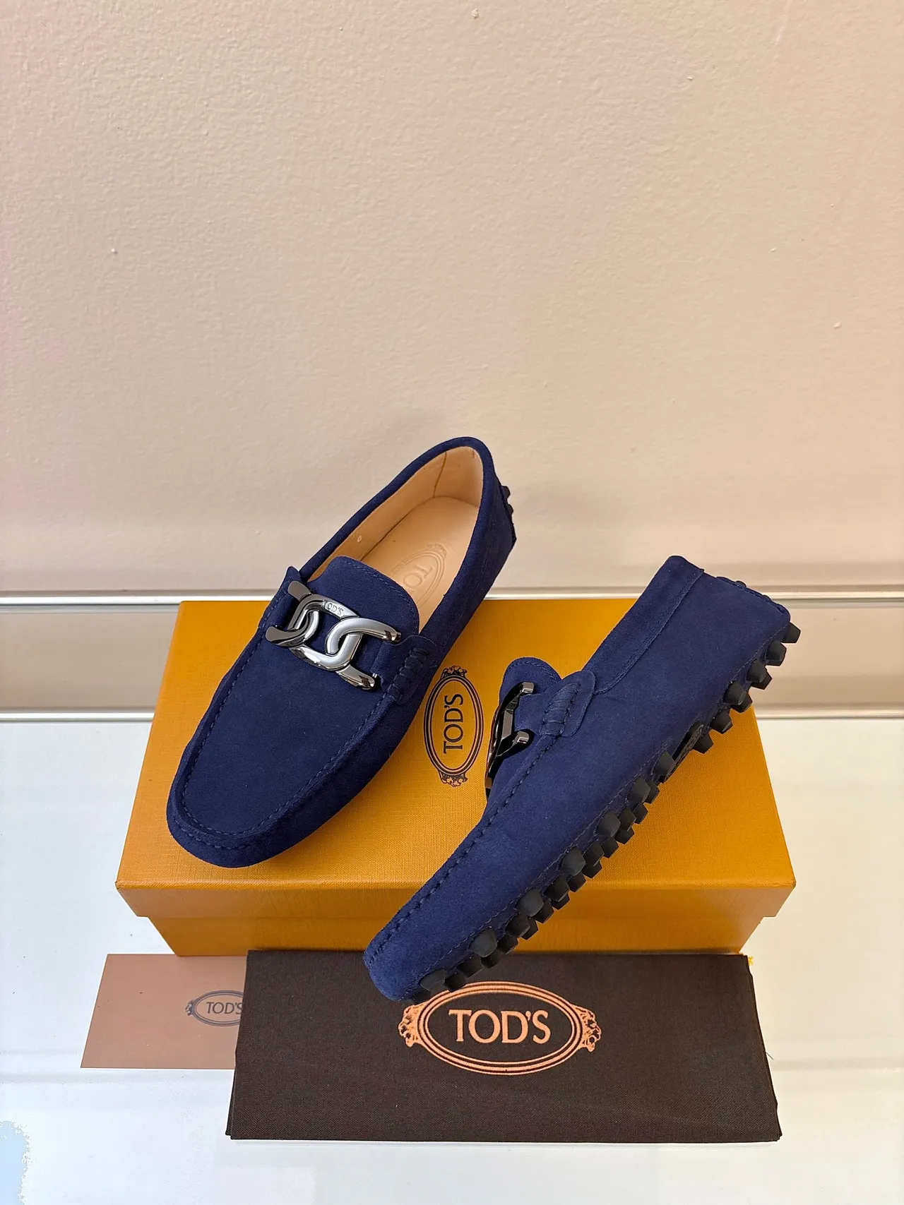 Tod's Gommino Navy Beige Suede Upper Metal Horsebit Buckle Loafer
