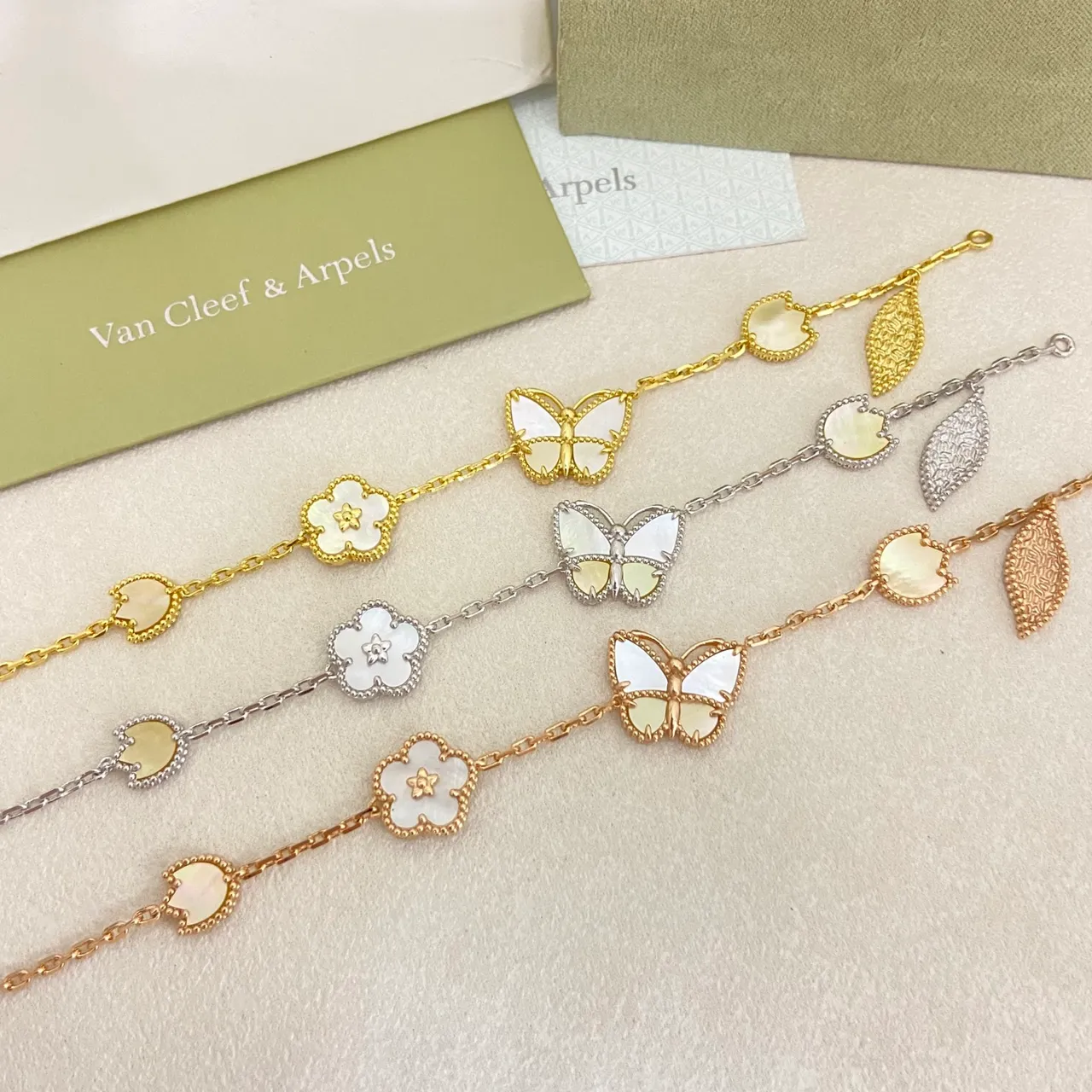 Van Cleef & Arpels Alhambra and Papillon Gold Silver Chain-Link Mother-of-Pearl Inlay Bracelet