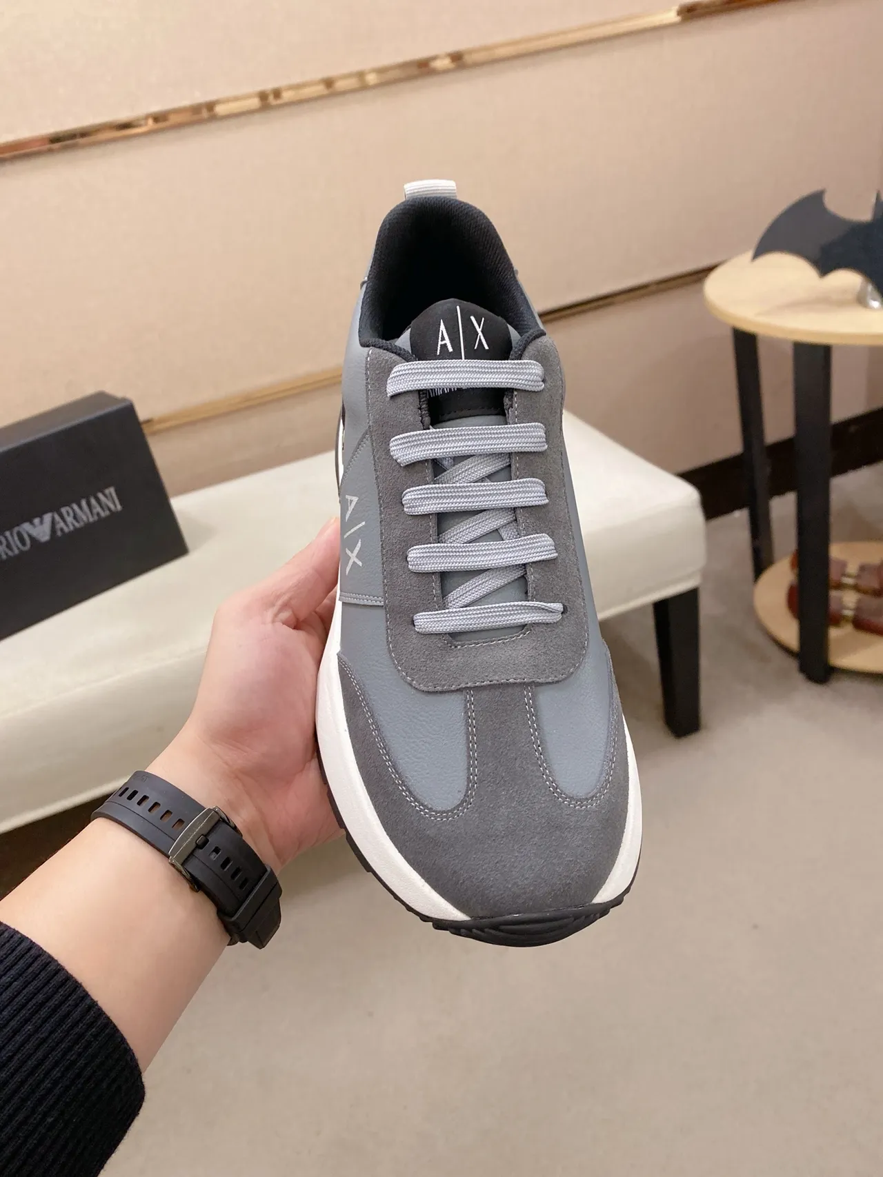 Armani Exchange Gray White Mixed-Material Upper Contrast Midsole Sneakers