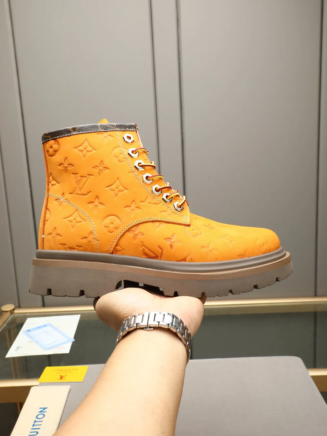 Louis Vuitton Orange Brown Embossed Monogram Suede-Like Texture Work Boots