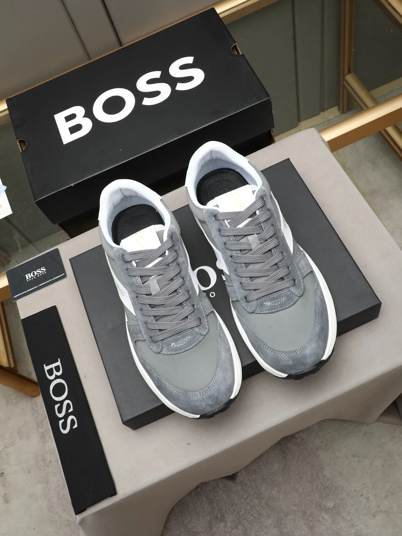 Hugo Boss Gray White Suede-and-Synthetic Upper Contrast Side Stripe Sneakers
