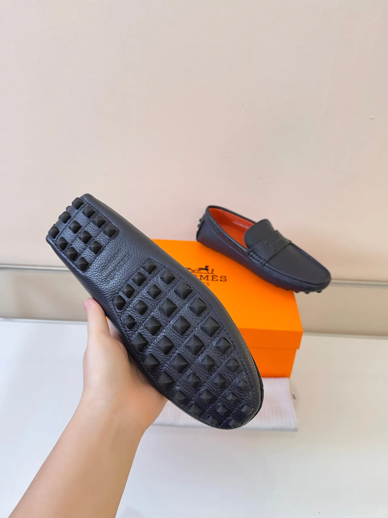 Hermès Oran Black Orange Pebbled Leather Braided Trim Loafer