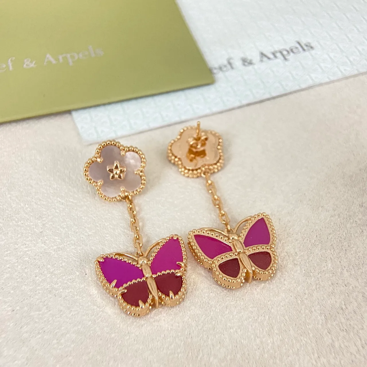 Van Cleef & Arpels Alhambra x Papillon White Mother-of-Pearl and Magenta Enamel Butterfly Earrings