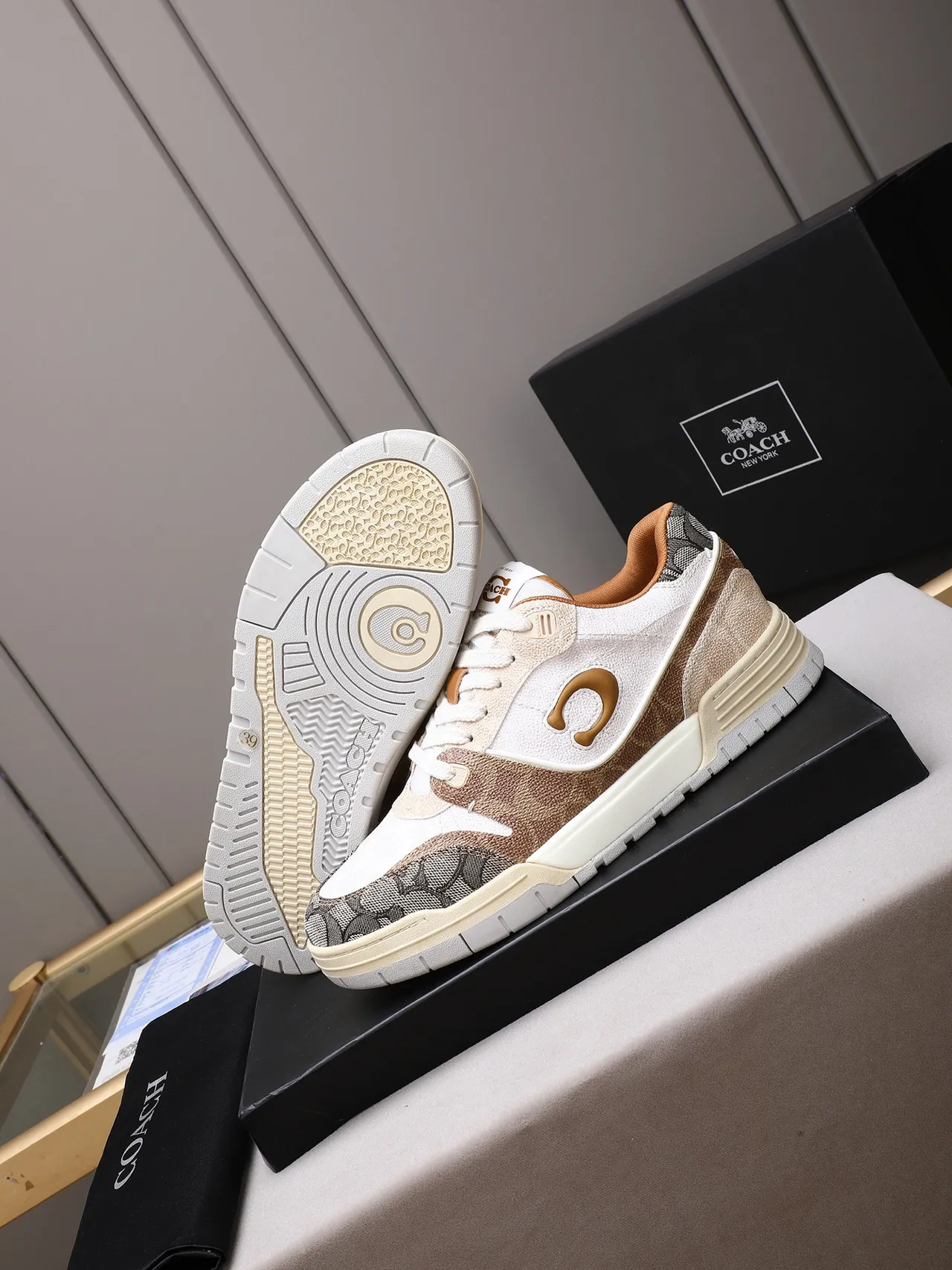 Coach Rascal Beige Brown Low-Top Monogram Jacquard Lifestyle Sneakers