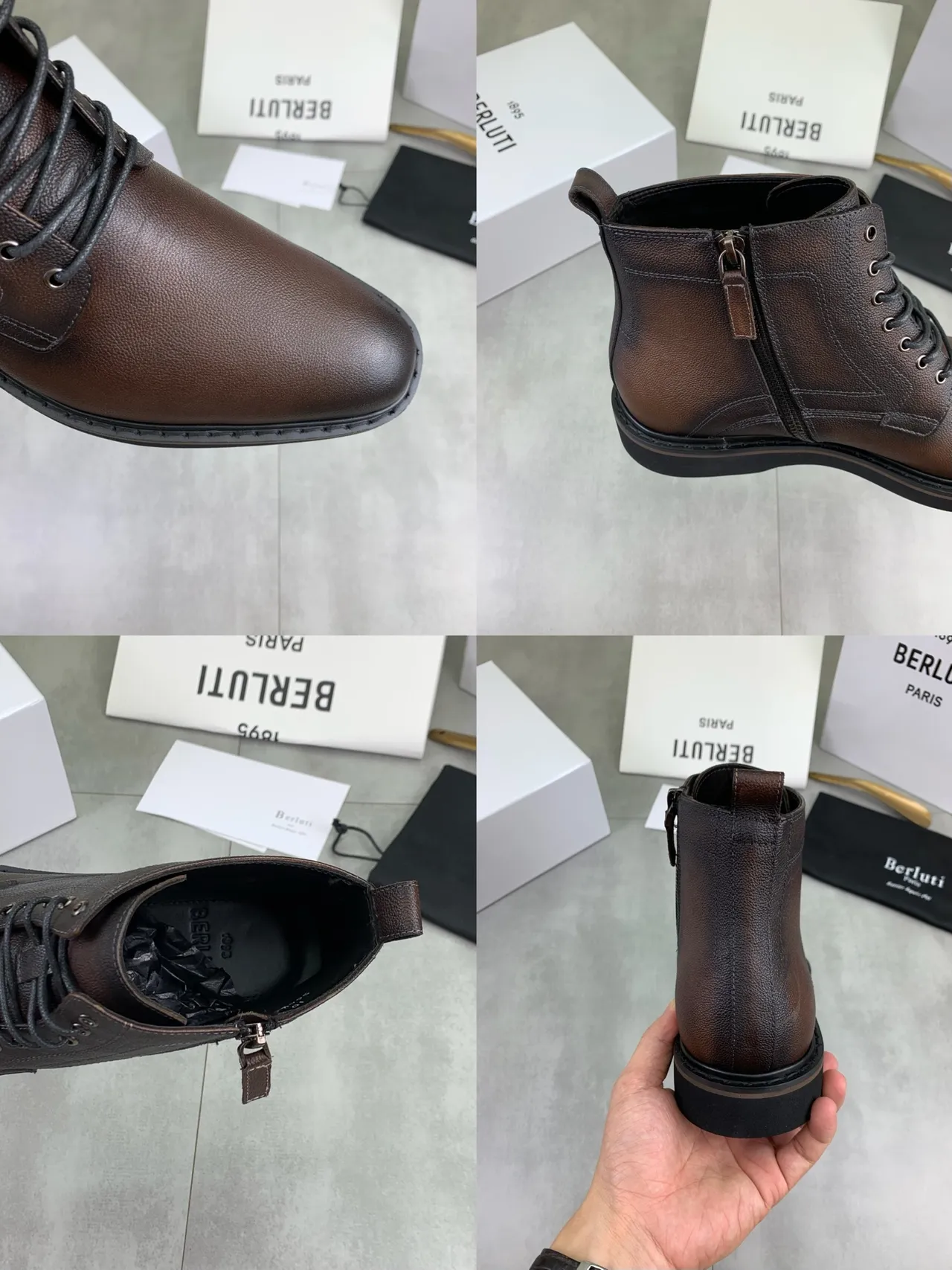 Berluti Brown Leather Lace-Up Side-Zip Ankle Boots