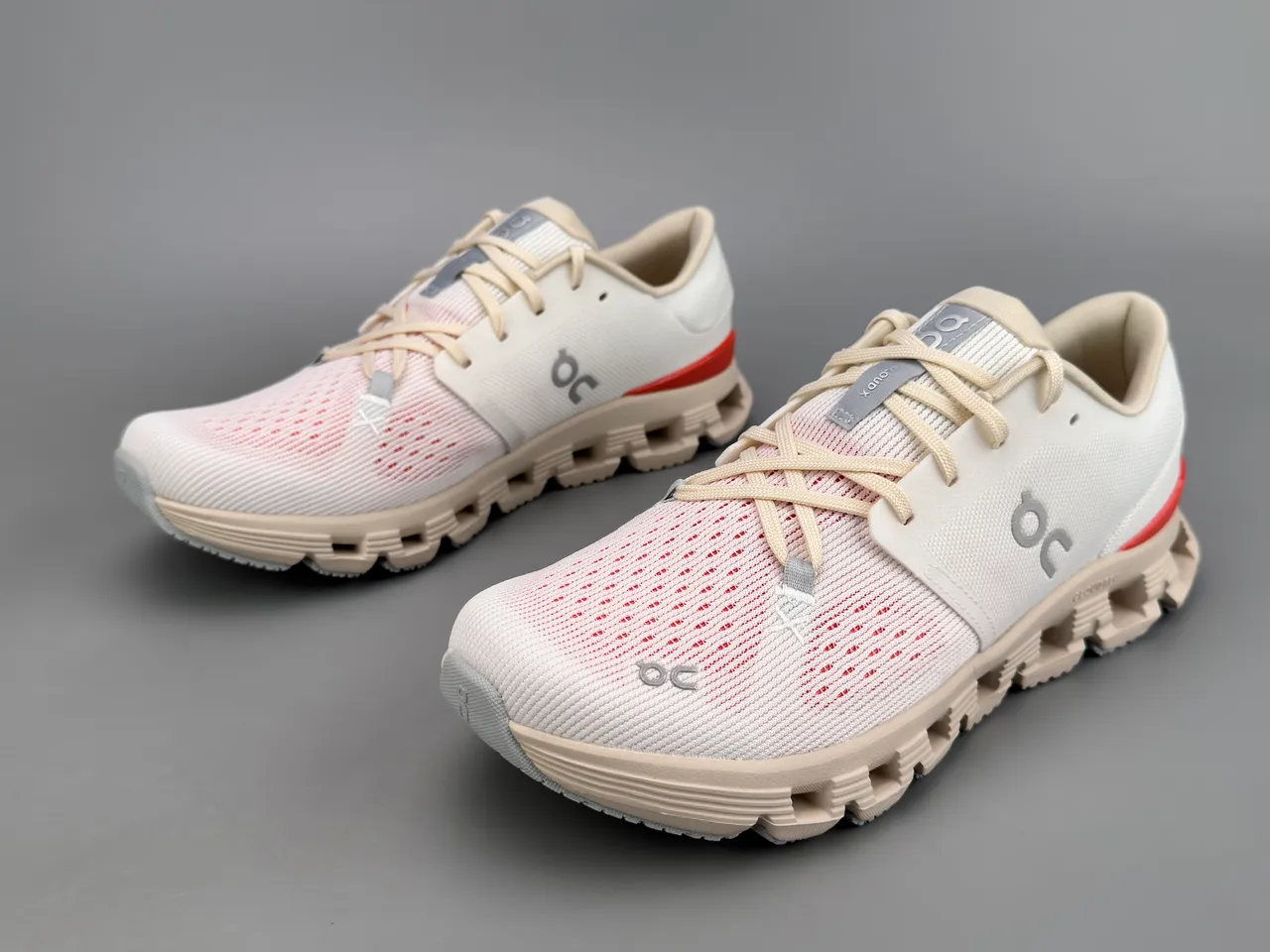 On Beige Red Open Hexagonal CloudTec Pods Minimalist Lacing System Sneakers