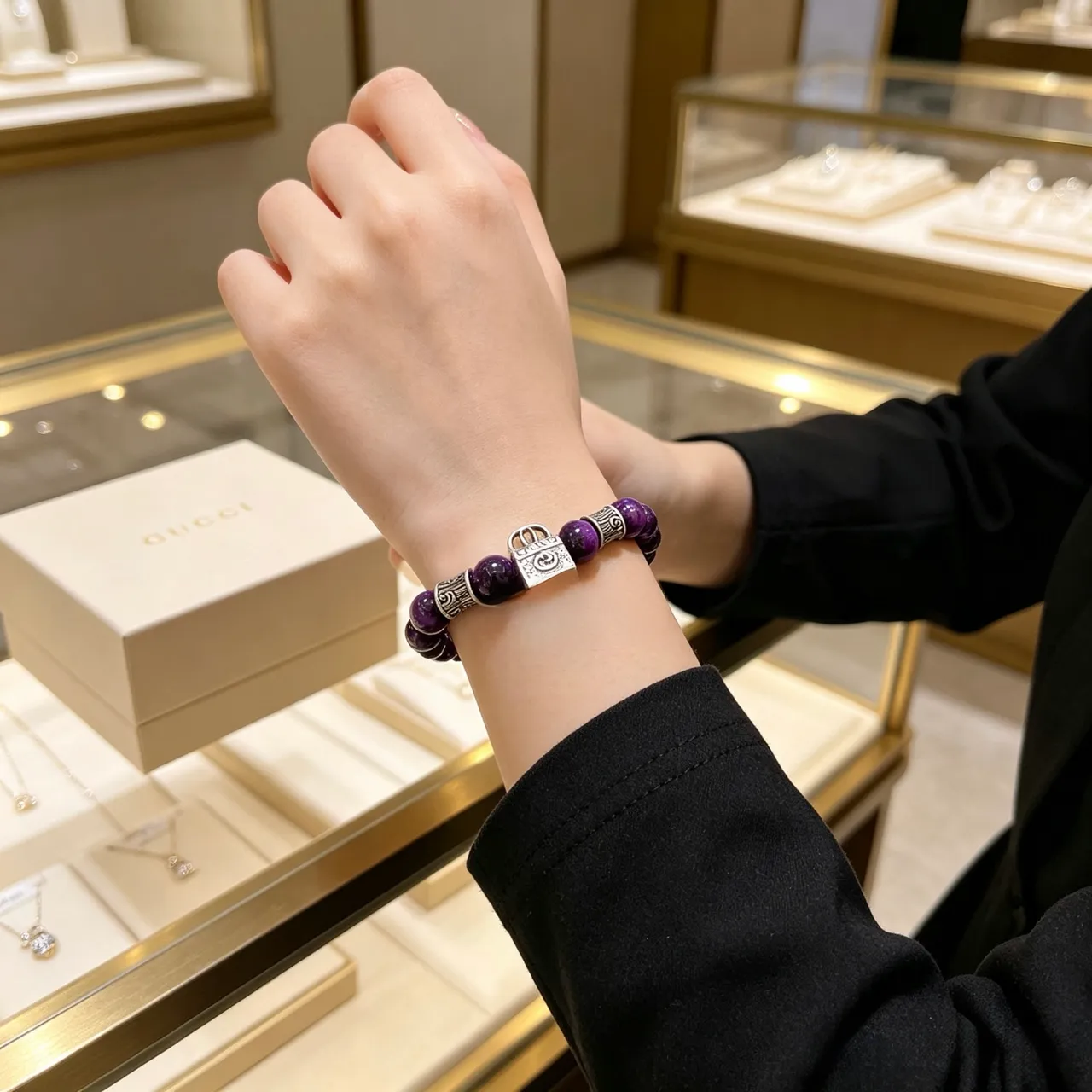 Gucci Purple Silver Beaded Lock Charm Bracelet