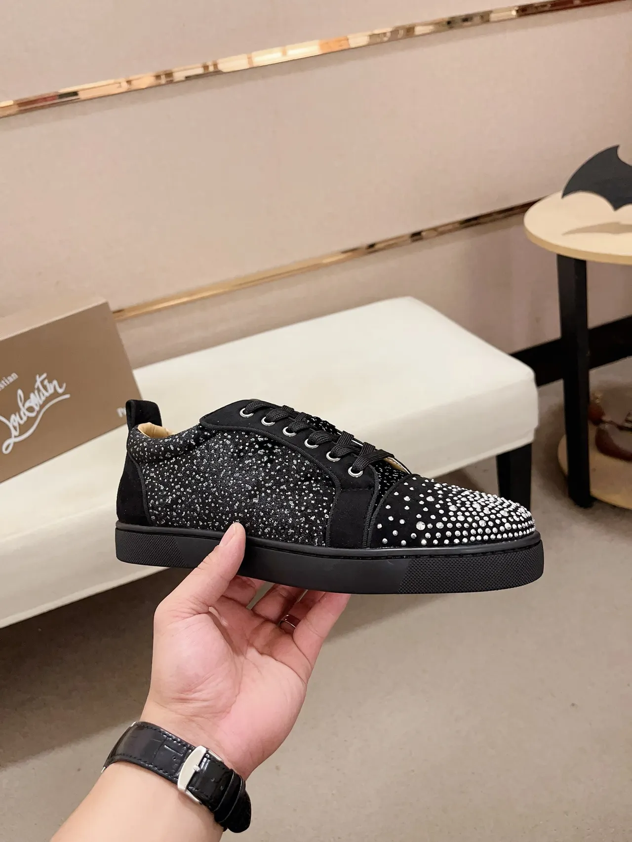 Christian Louboutin Crystal-Embellished Black Suede Low-Top Sneakers