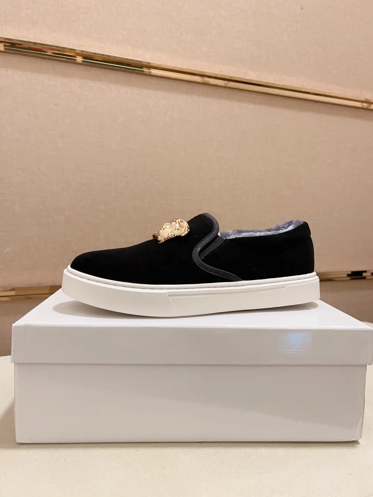 Versace Medusa Loafer Black Velvet Shearling-Lined Slip-On Loafer