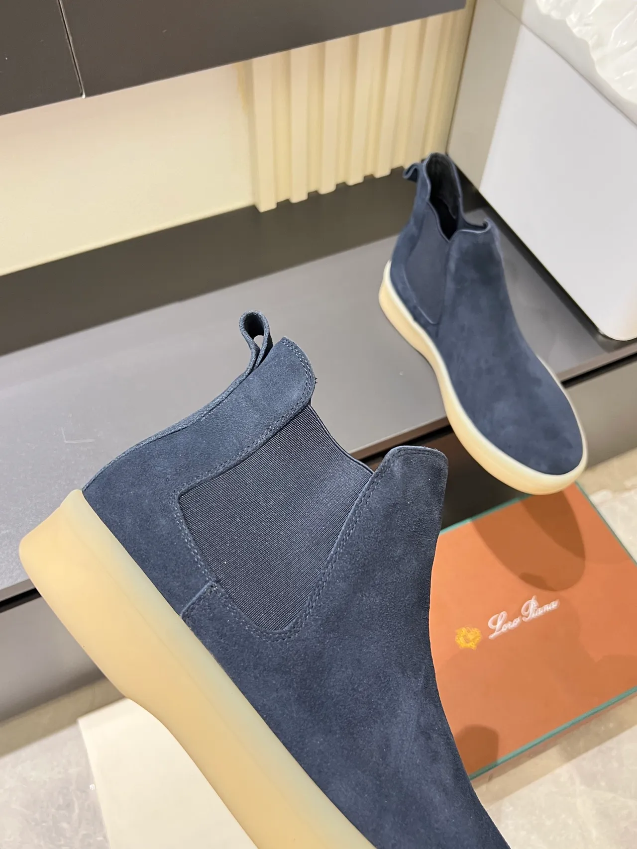 Navy Beige Suede Upper Elastic Side Gussets Chelsea Boots