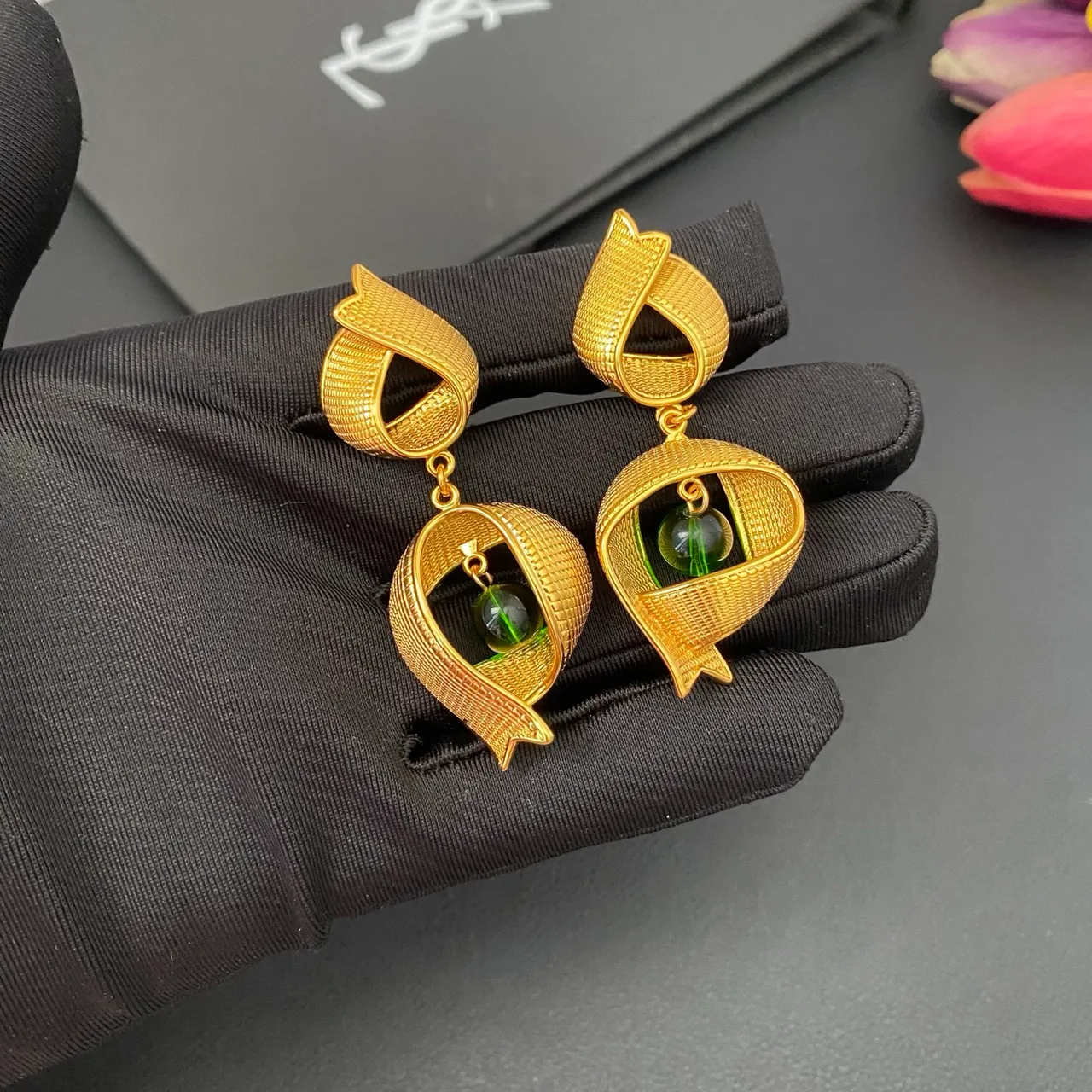 Saint Laurent Gold Green Textured Finish Asymmetrical Ribbon-Like Frame Earrings