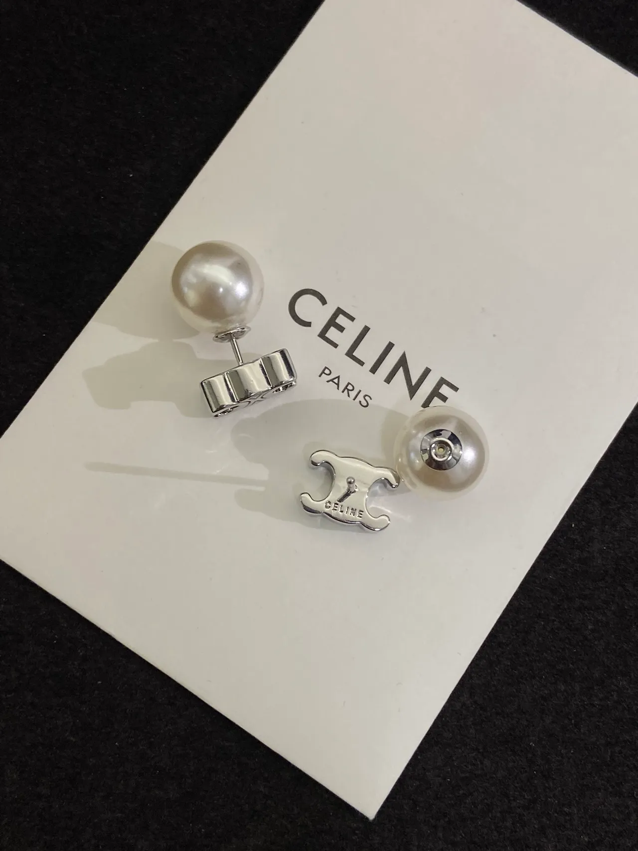 Celine White Silver Pearl Studs Geometric Base Earrings