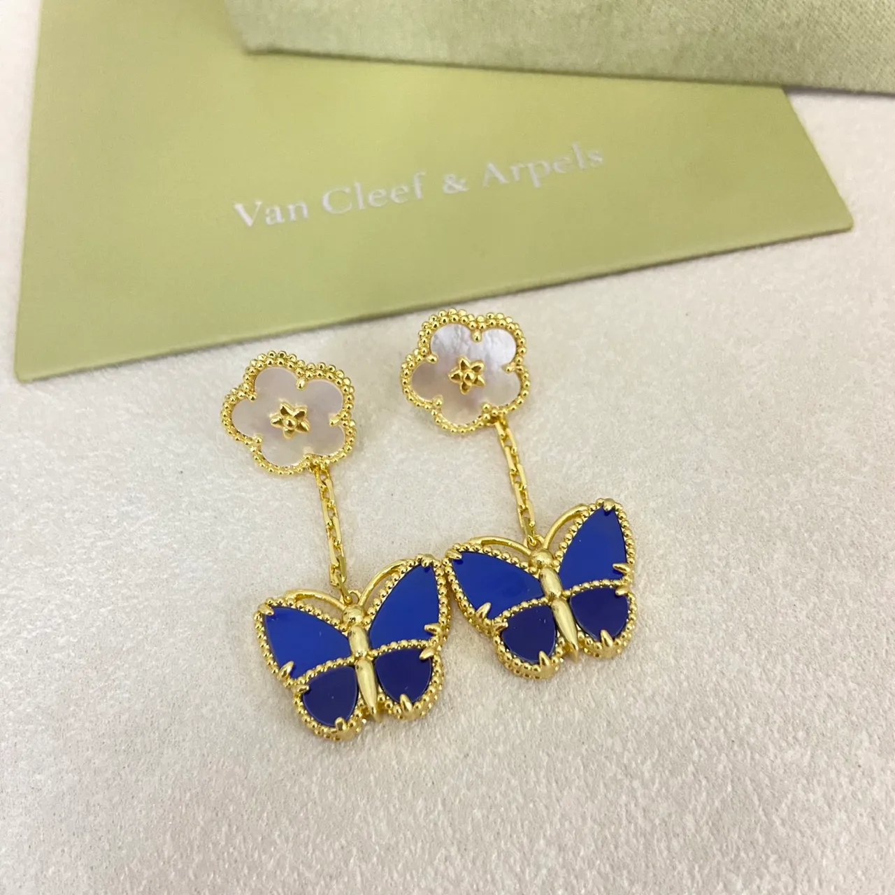 Gold Blue Beaded Edge Quatrefoil Floral Stud Earrings