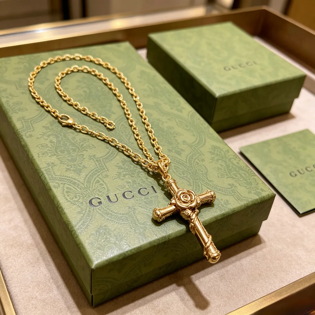 Gucci Bamboo Cross Pendant Gold-Tone Necklace
