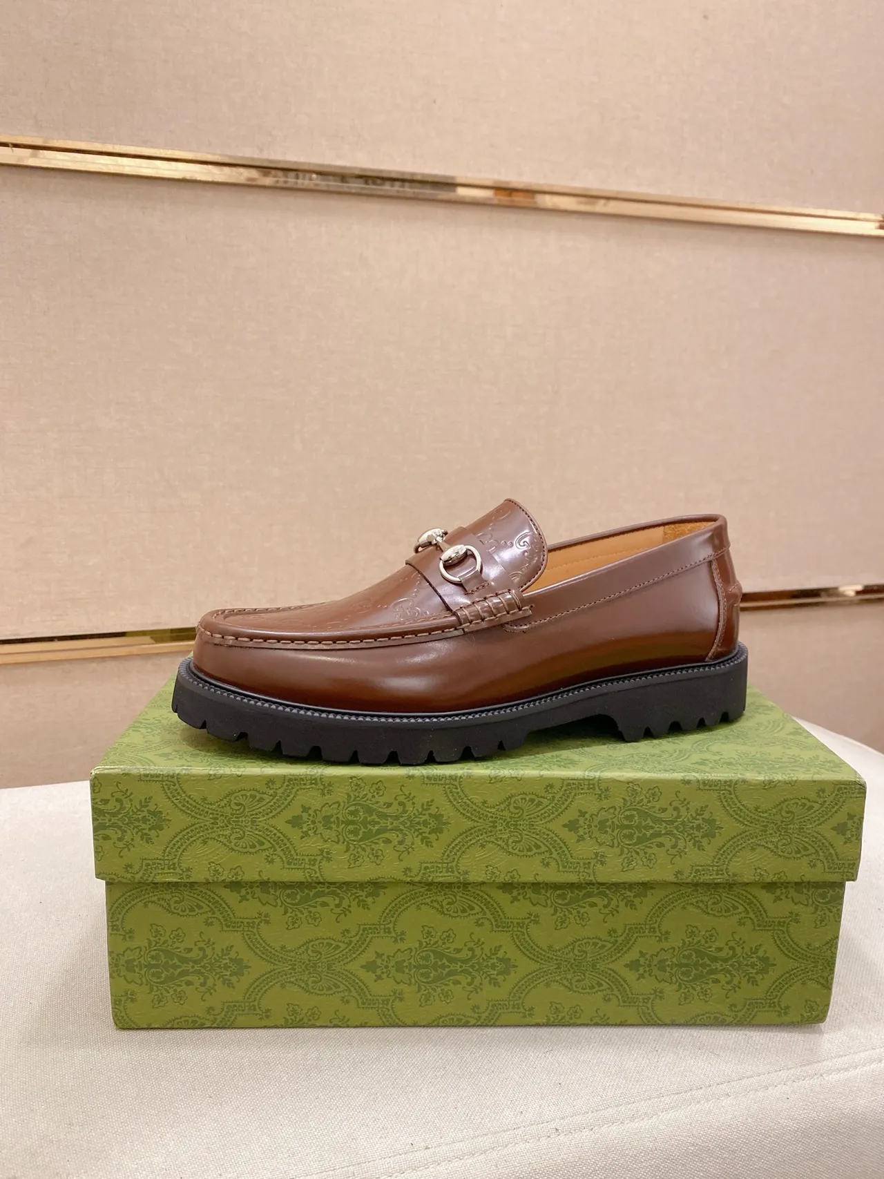 Gucci Horsebit 1955 Brown Black Buckle Embossed GG Leather Loafer