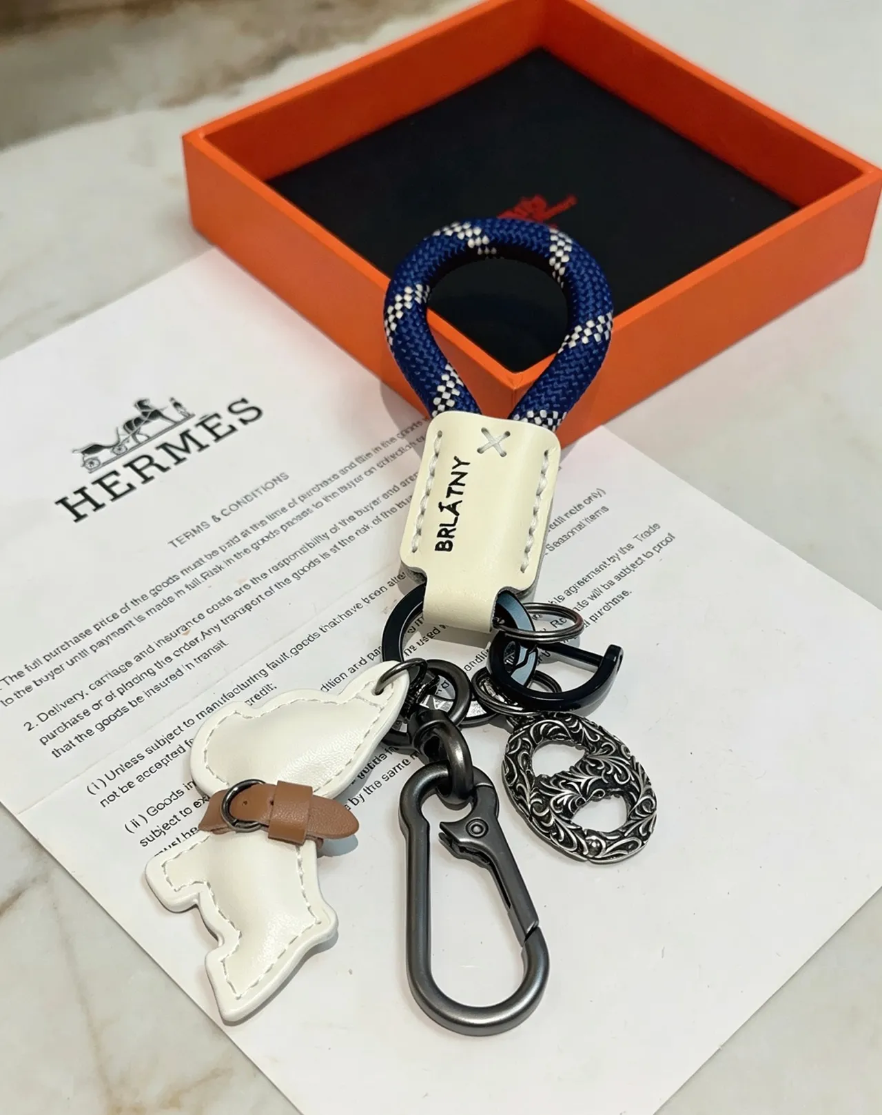 Hermès Dog Charm Keychain White Navy Leather Rope Loop Handbag