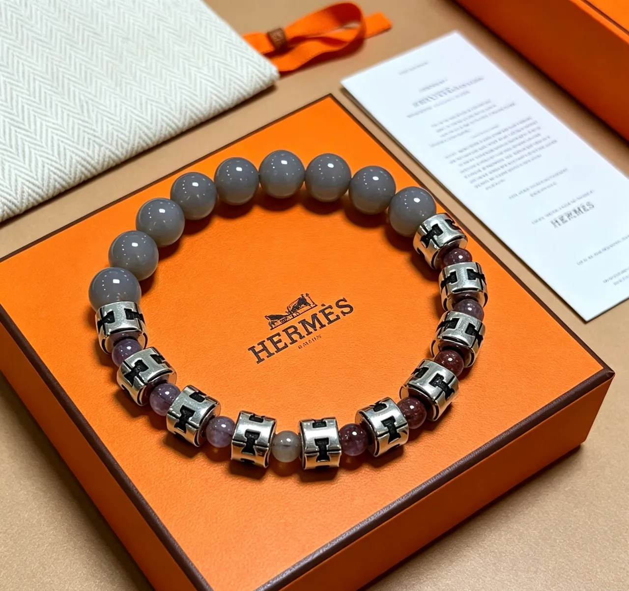Hermès H-Spacer Gray Purple Beaded Bracelet