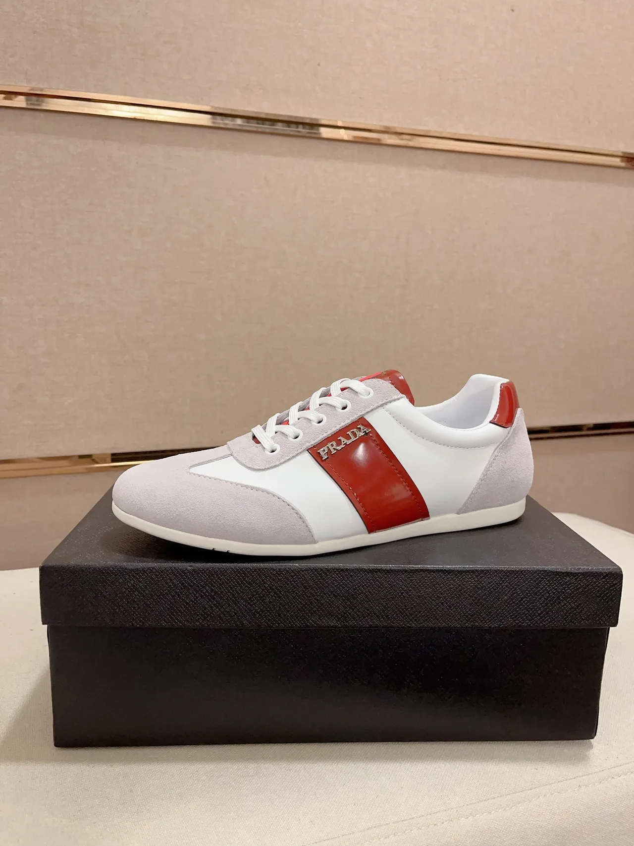 Prada White Red Low-Top Suede And Leather Panelled Lifestyle Sneakers