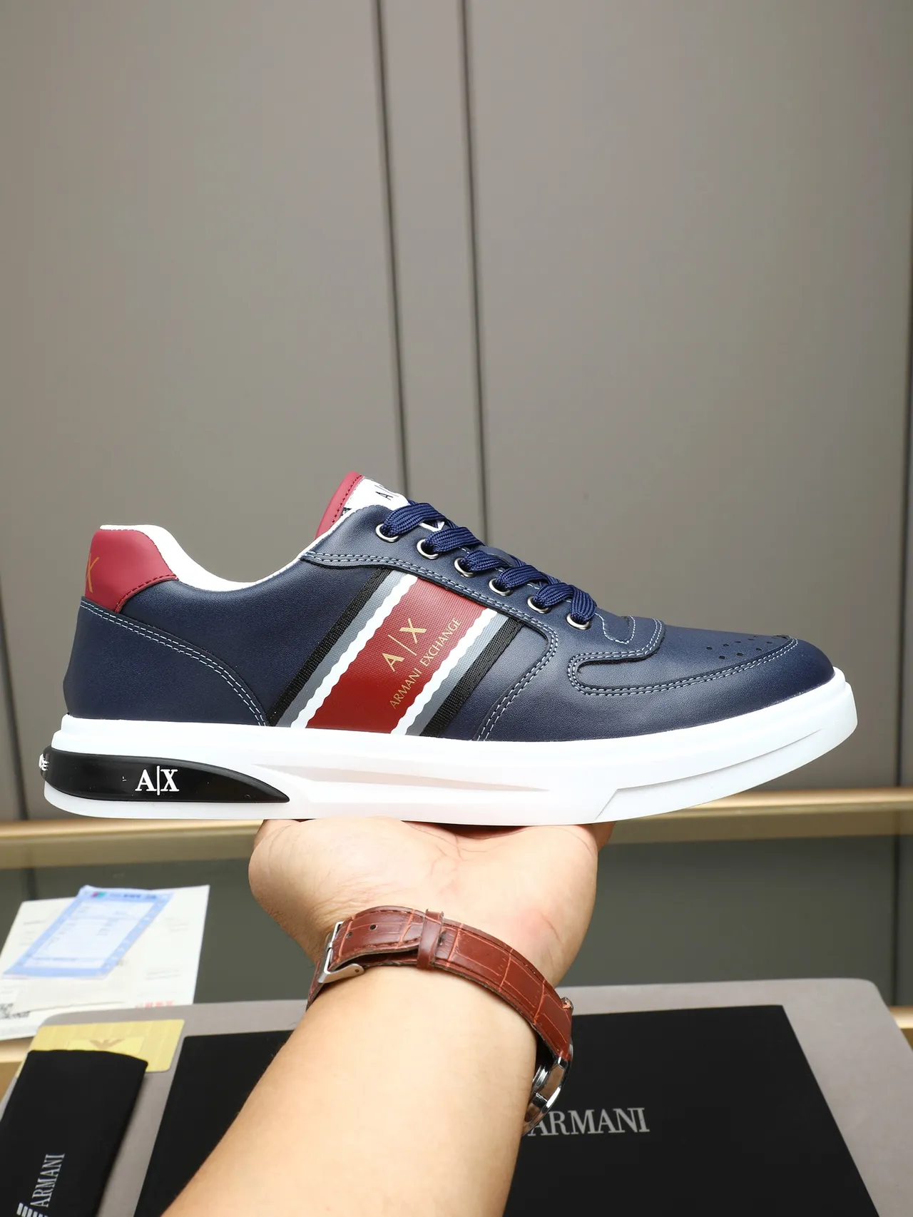 Armani Exchange Navy and Red Side Stripe Leather Sneaker