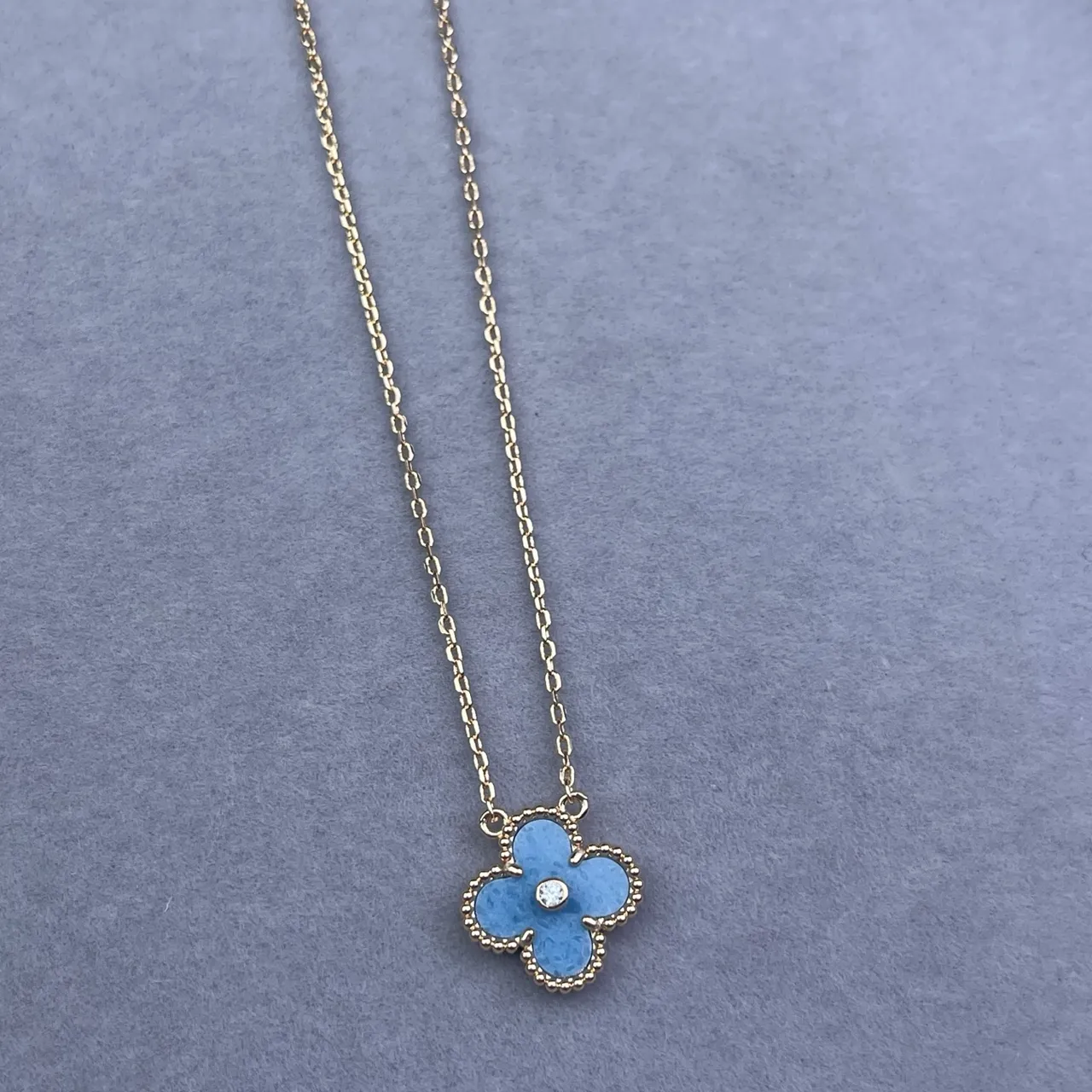 Blue Enamel Four-Petal Flower Pendant Necklace