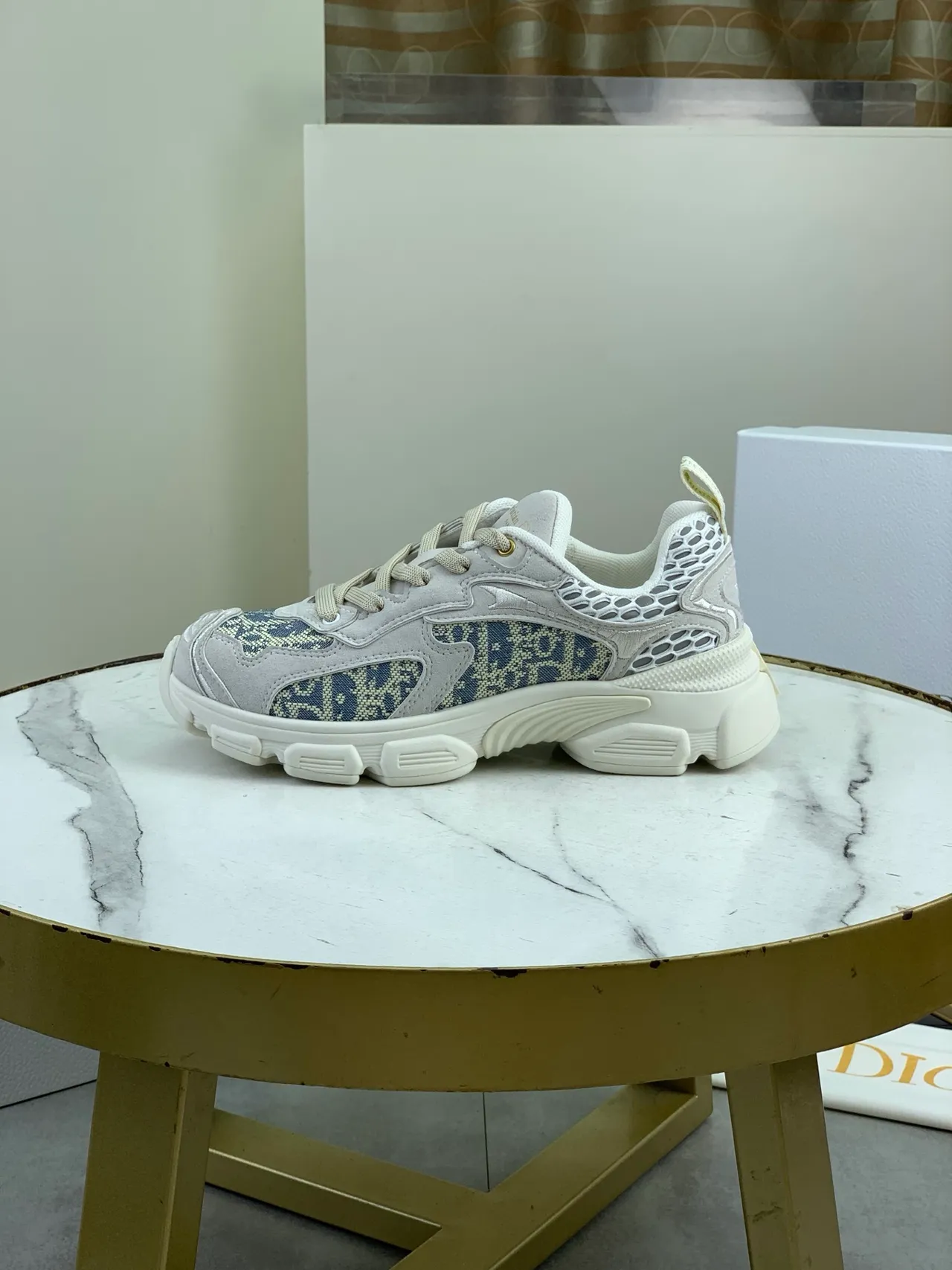 Dior Beige Blue Sole Oblique Monogram Jacquard Chunky Sneakers