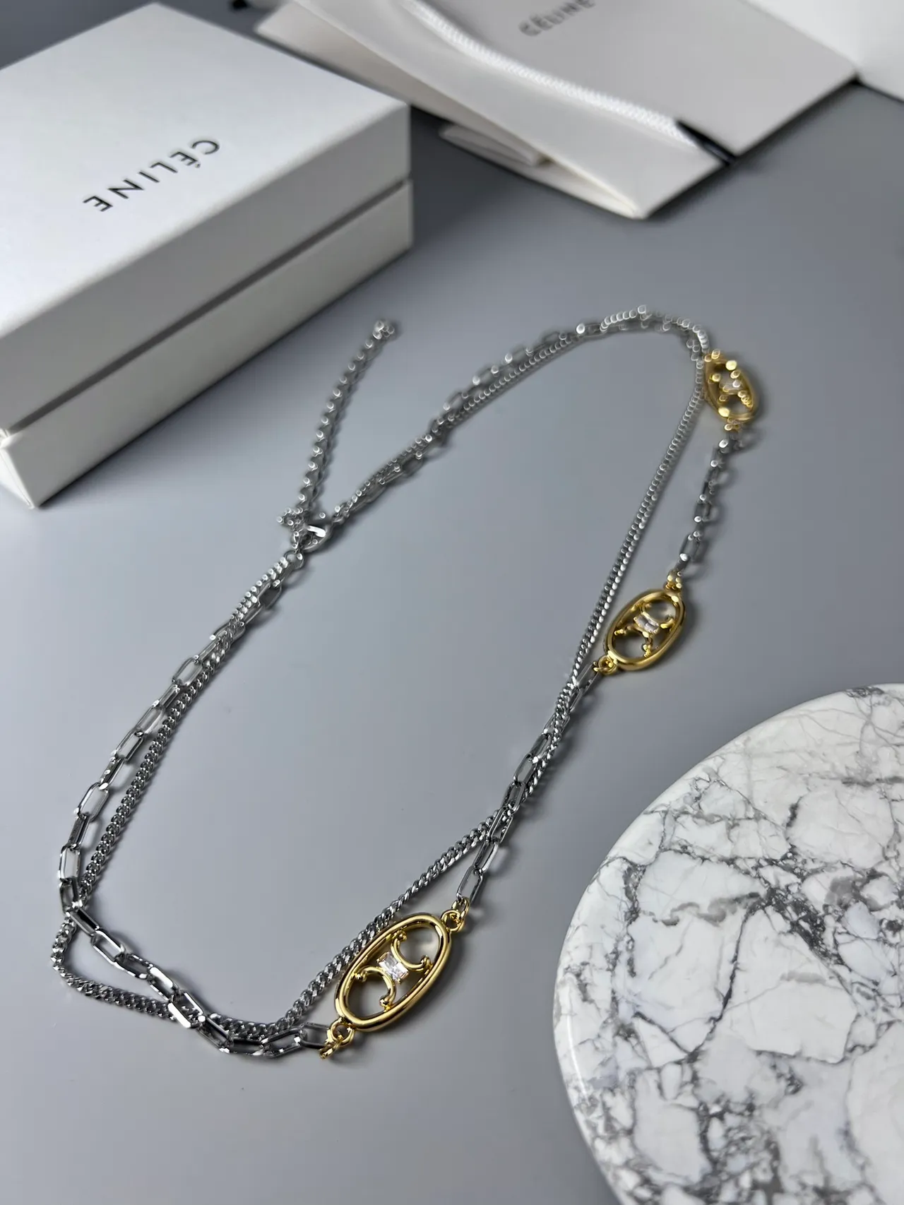 Celine Triomphe Silver Gold Double-Layer Chain Oval Logo Charms Necklace