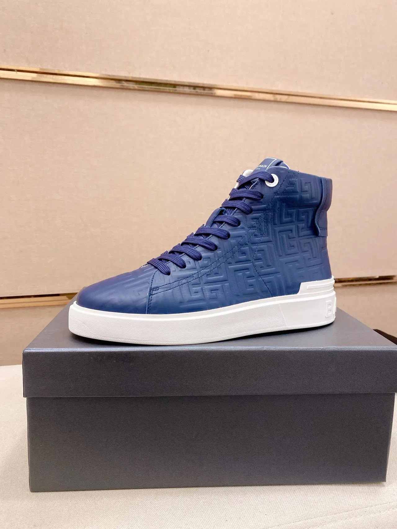 Balmain Navy White High-Top Embossed Monogram Lifestyle Sneakers