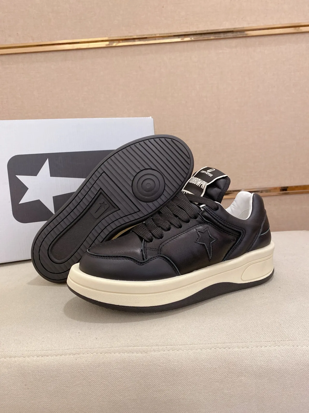 Converse Black Beige Leather Upper Off-White Platform Sole Lifestyle Sneakers