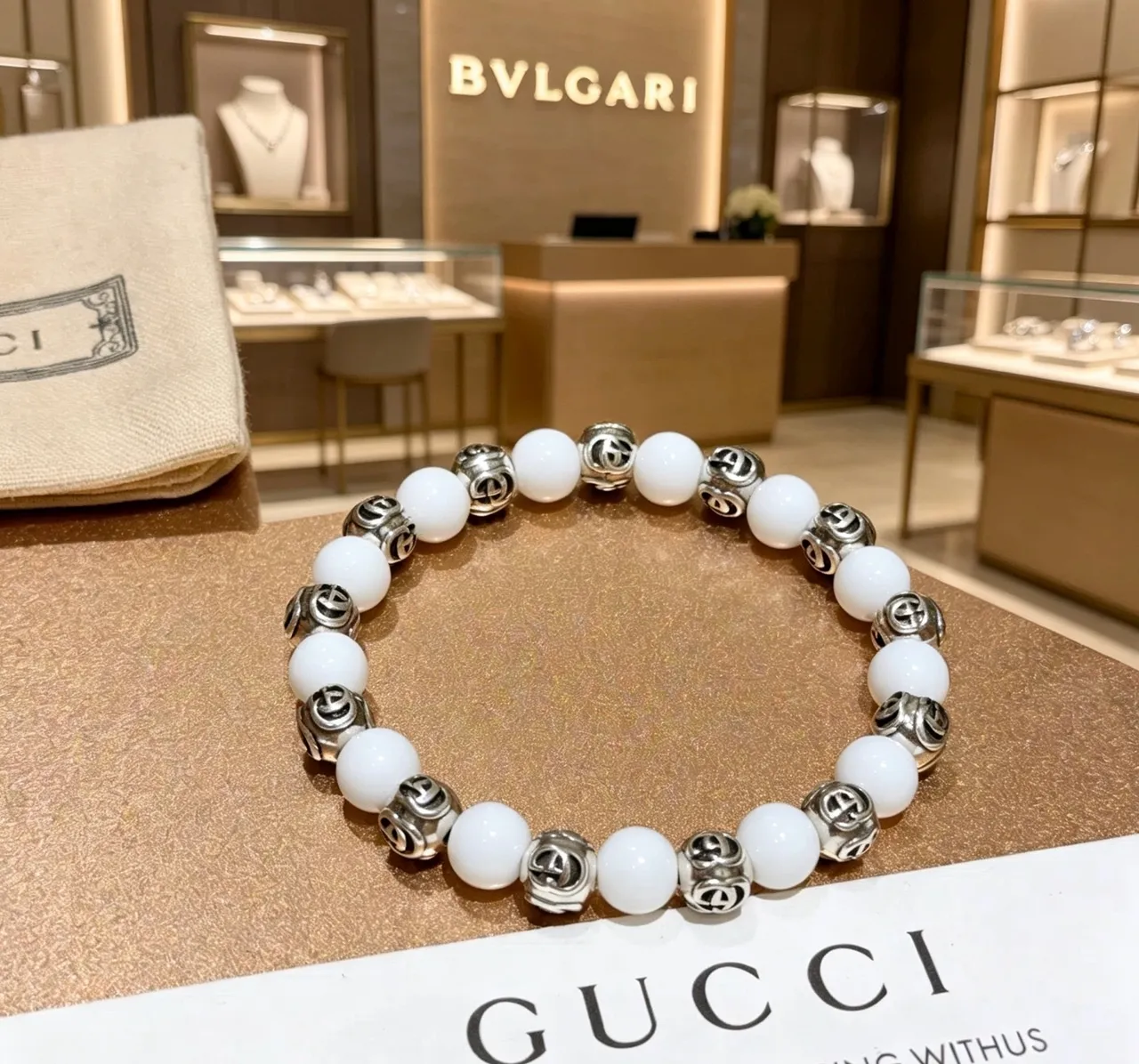 Bvlgari White Silver Beaded Spherical Stones Bracelet