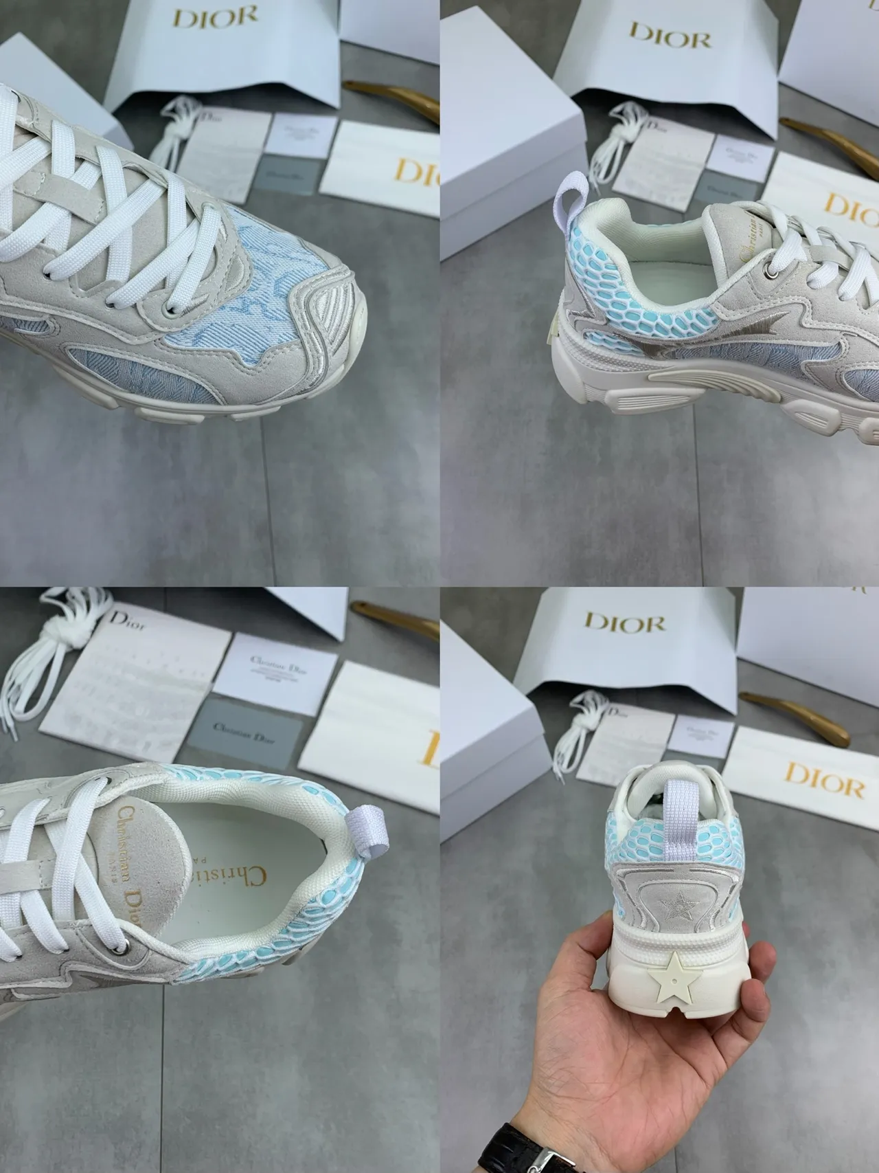 Dior B23 Beige Blue Sole Jacquard Paneling Chunky Sneakers