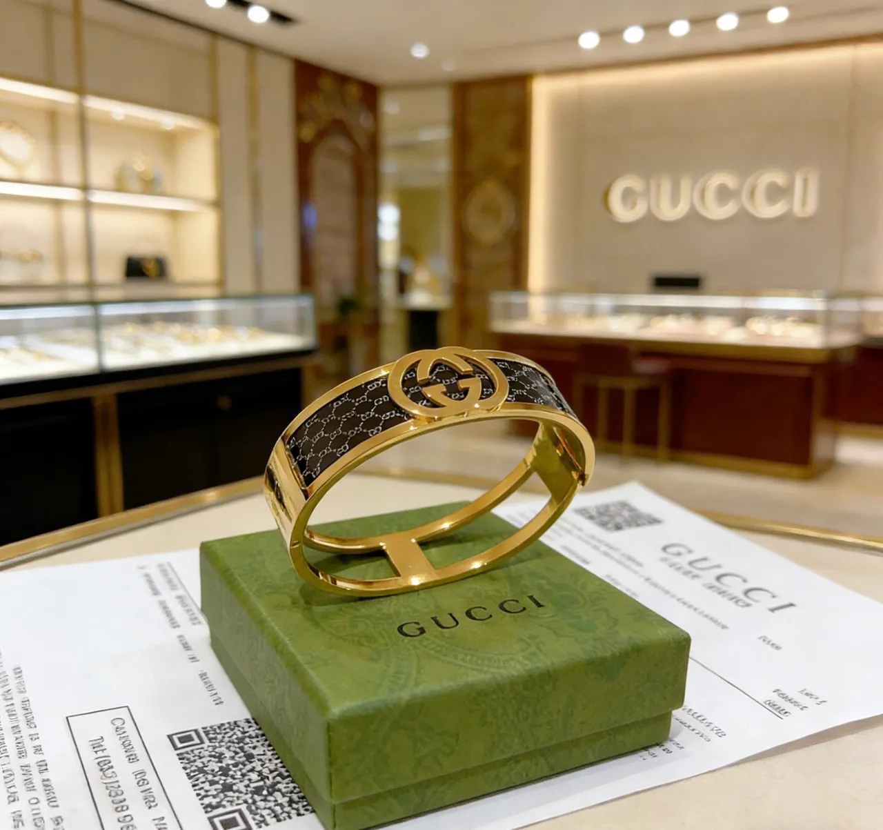 Gucci Interlocking G Monogram Black Enamel Gold-Tone Bracelet
