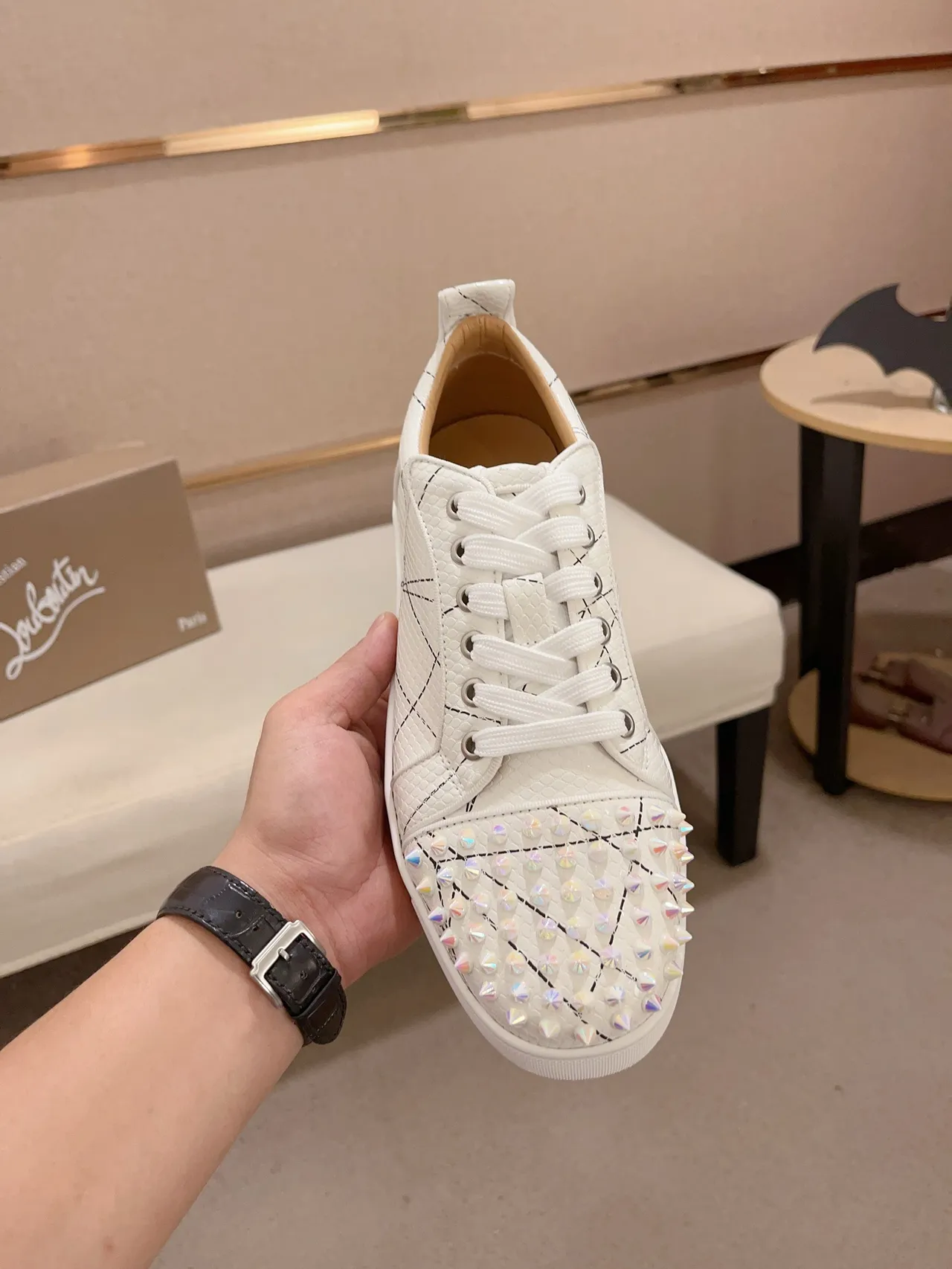 Christian Louboutin White Spiked Toe Quilted-Stitched Upper Lifestyle Sneakers