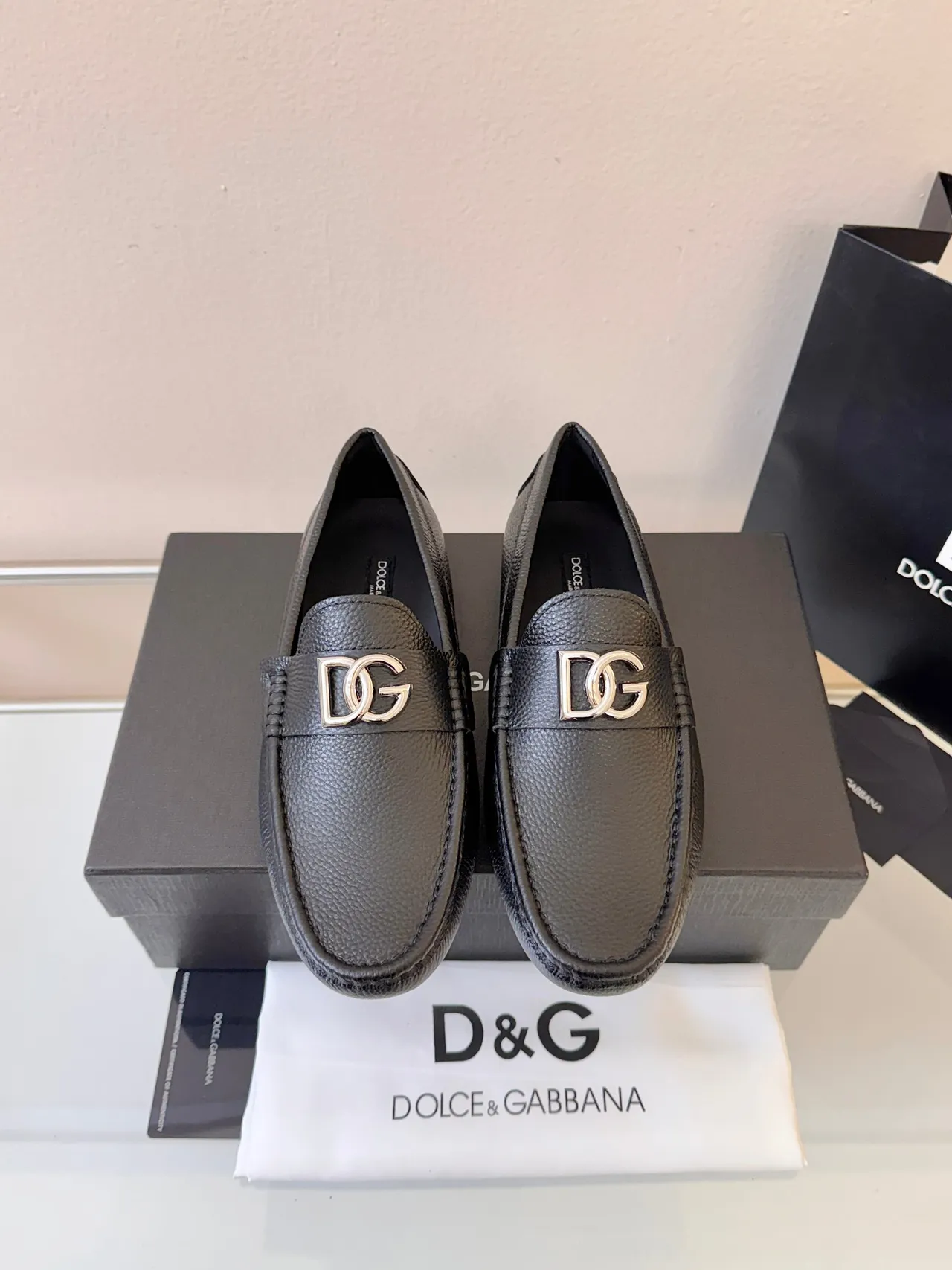 Dolce & Gabbana Portofino Black Pebbled Leather DG Buckle Loafers