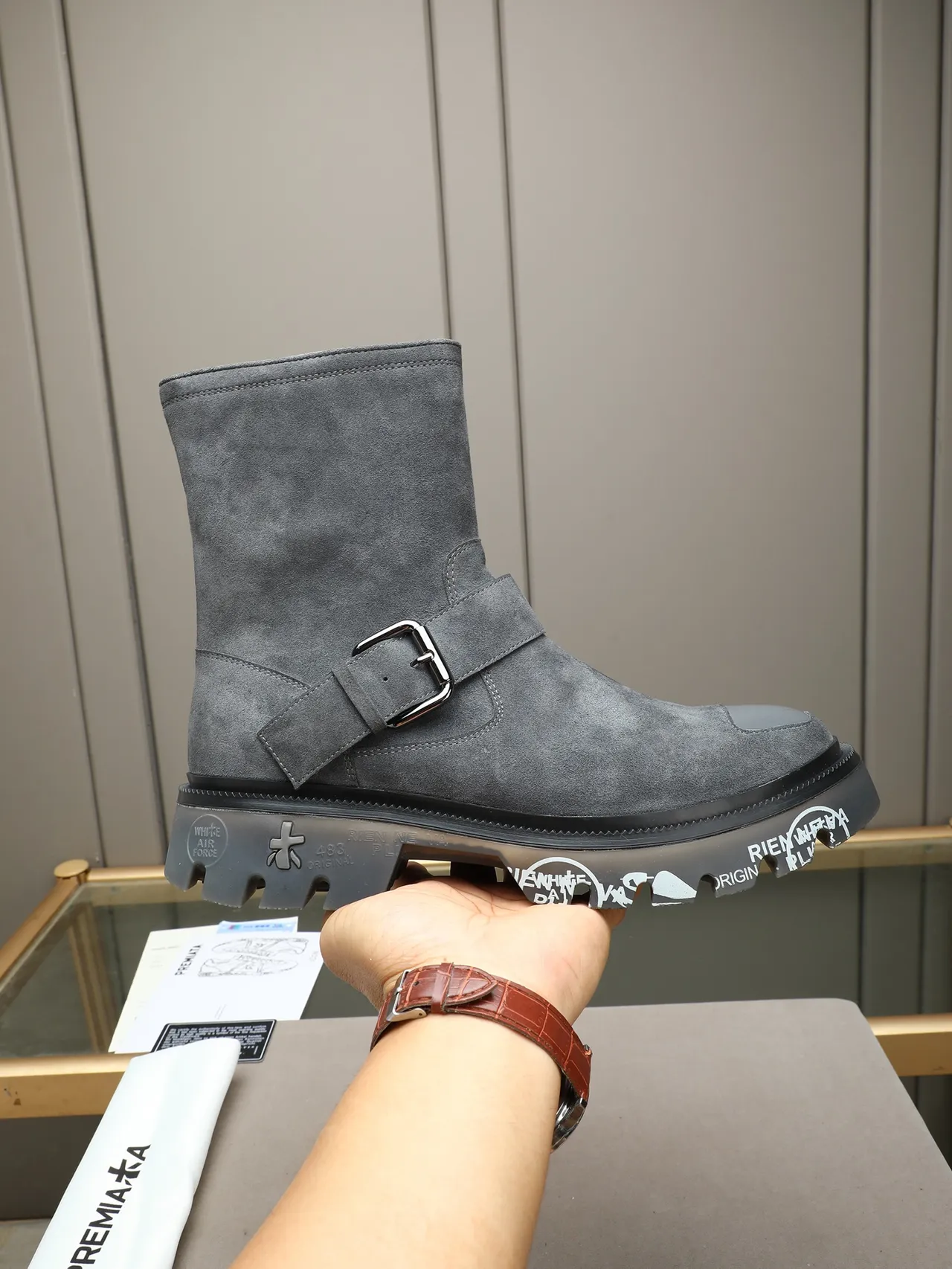 Premiata Rien Ne Va Plus Gray Suede Buckle Strap Ankle Boot
