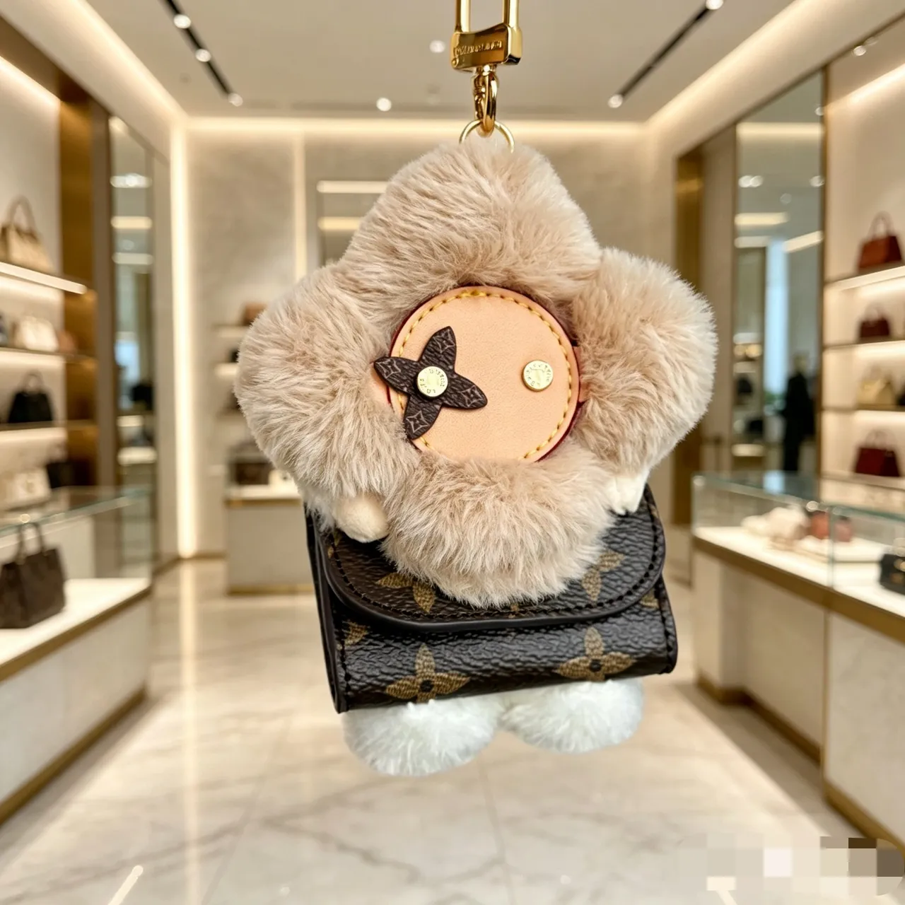 Louis Vuitton Vivienne Pink Beige Floral Plush Charm Faux Fur Trim Handbag
