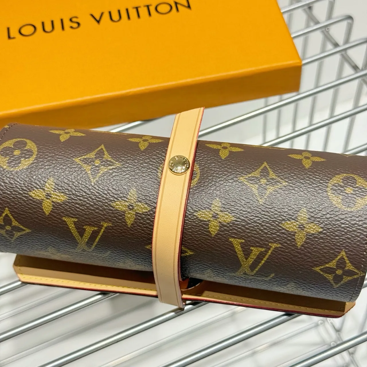 Louis Vuitton Brown Beige Monogram Canvas Cylindrical Roll-Top Wristlet