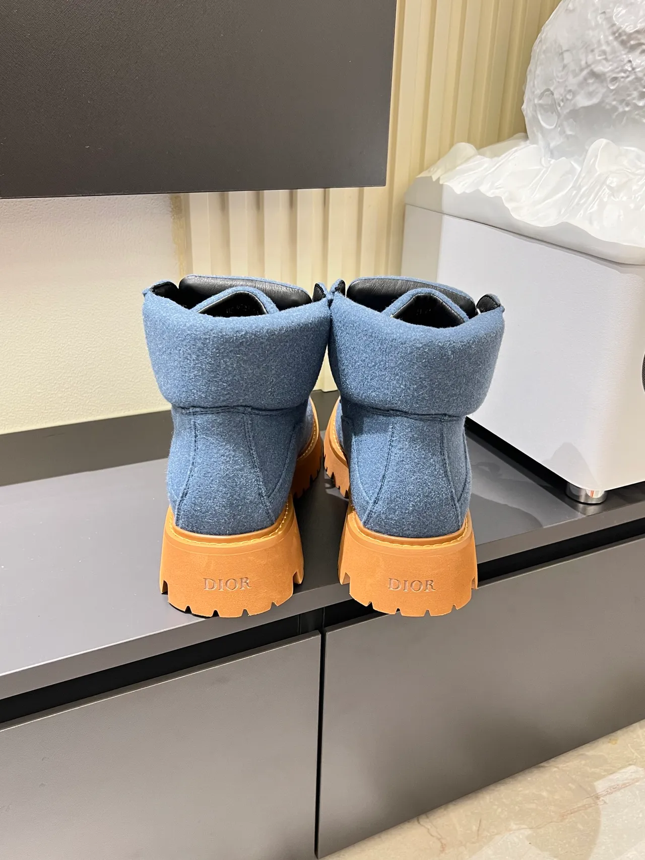 Blue Beige Felt Upper Chunky Lug Sole Ankle Boots