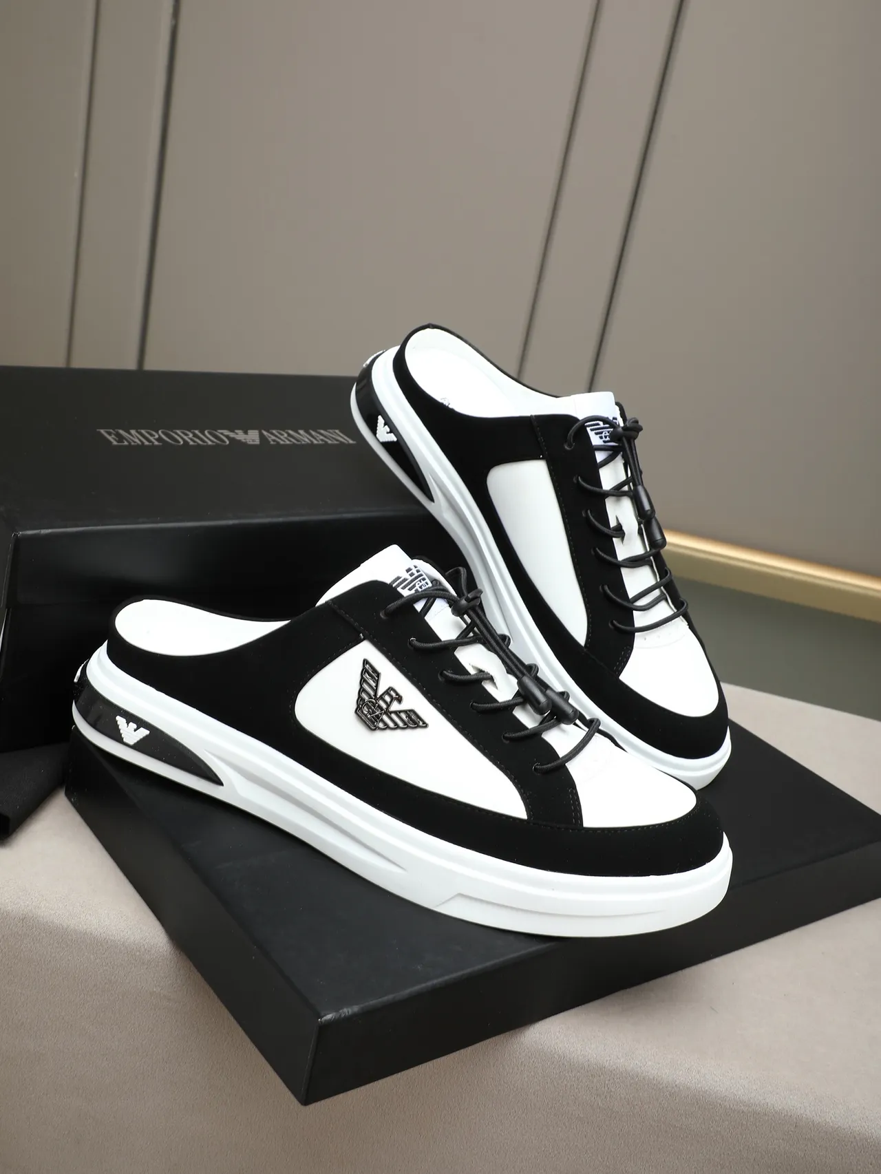 Emporio Armani Black and White Open-Heel Mule Lifestyle Sneakers
