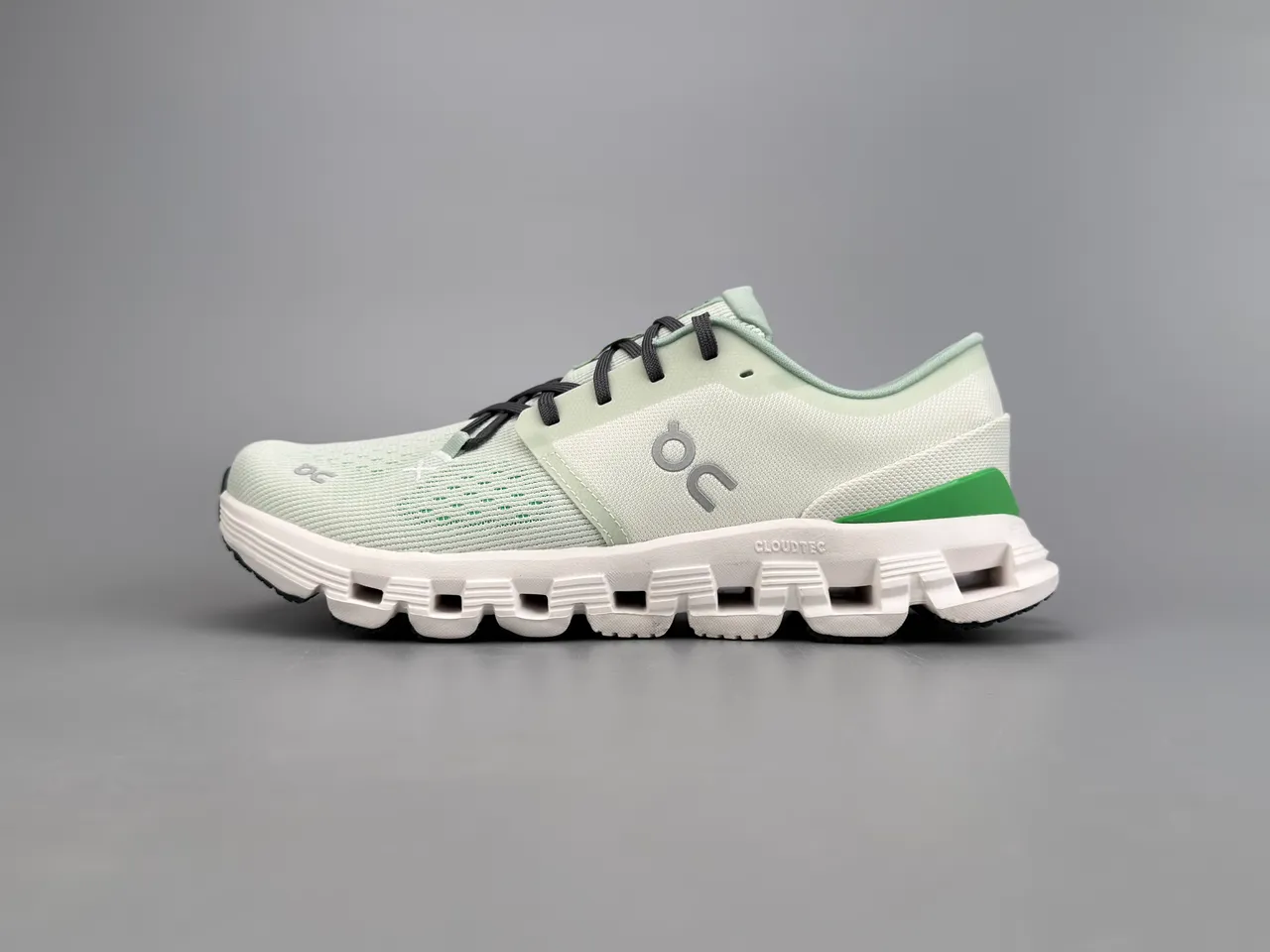 On Green White Engineered Knit Upper Segmented CloudTec Midsole Sneakers
