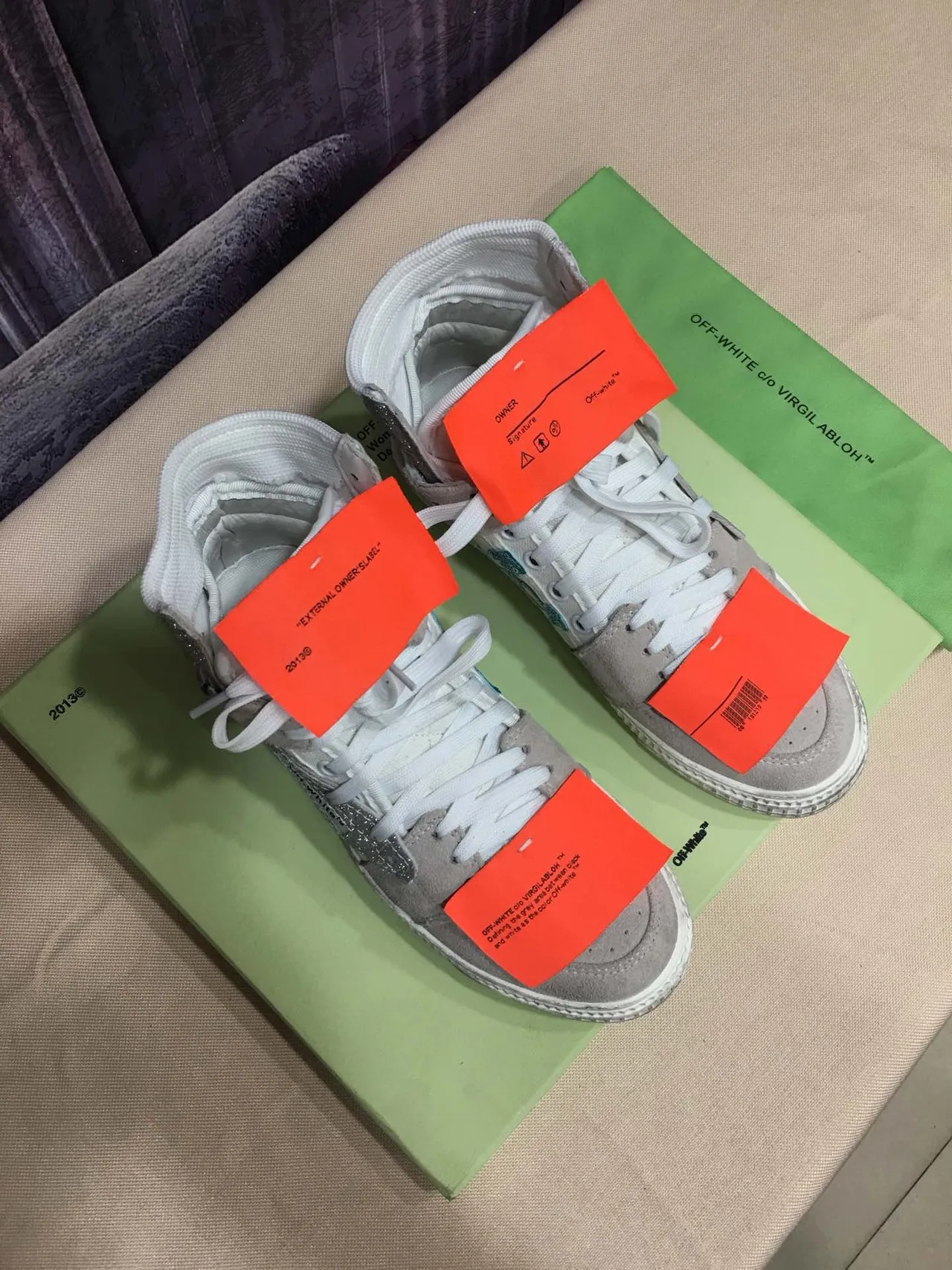Off-White Beige Silver High-Top Glitter-Accented Lifestyle Sneakers