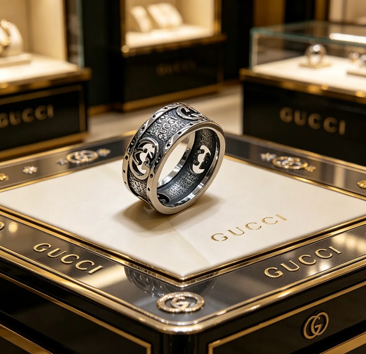 Gucci GG Marmont Silver Black Wide Band Interlocking G Motif Ring