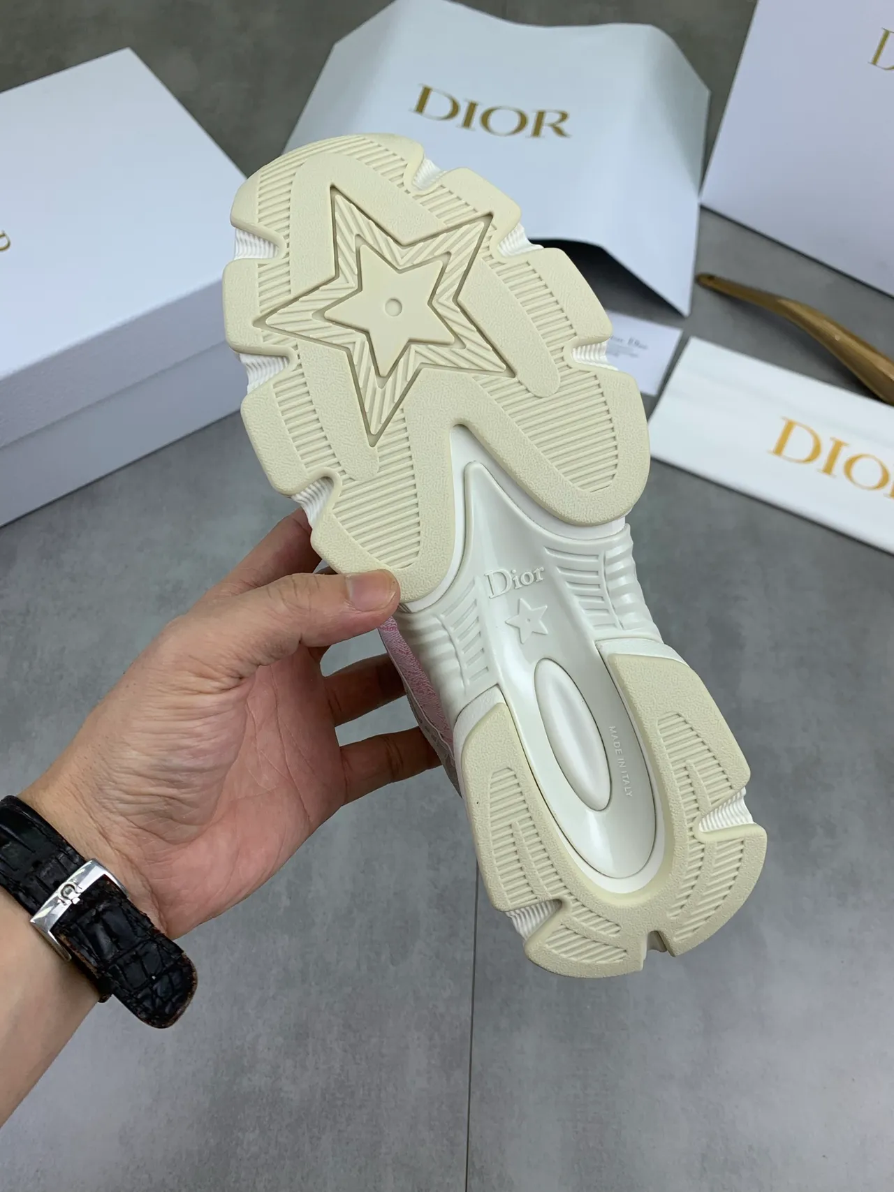Dior Gray Pink Sole Jacquard Panels Chunky Sneakers