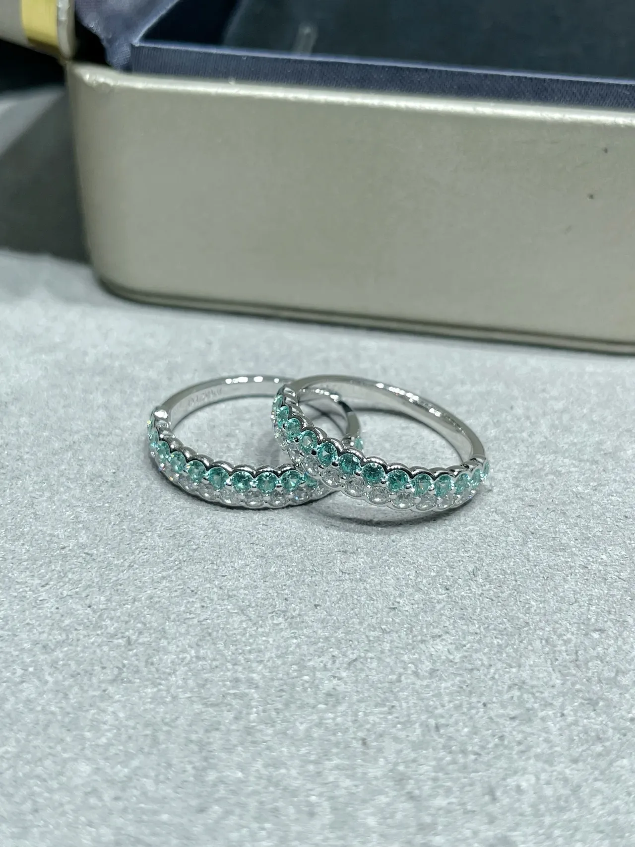 Silver-Tone Pavé-Set Teal and Clear Stone Stackable Eternity Rings