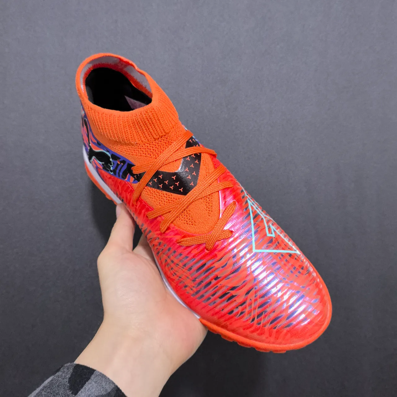 Puma Orange Blue Sock-Fit Knit Collar Molded Synthetic Cage Upper Turf Soccer Shoes