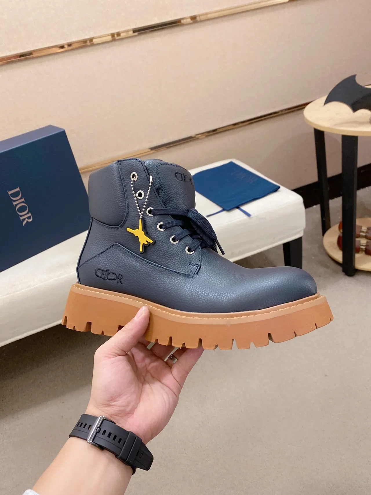 Dior Navy Beige Pebbled Leather Chunky Lug Sole Work Boots