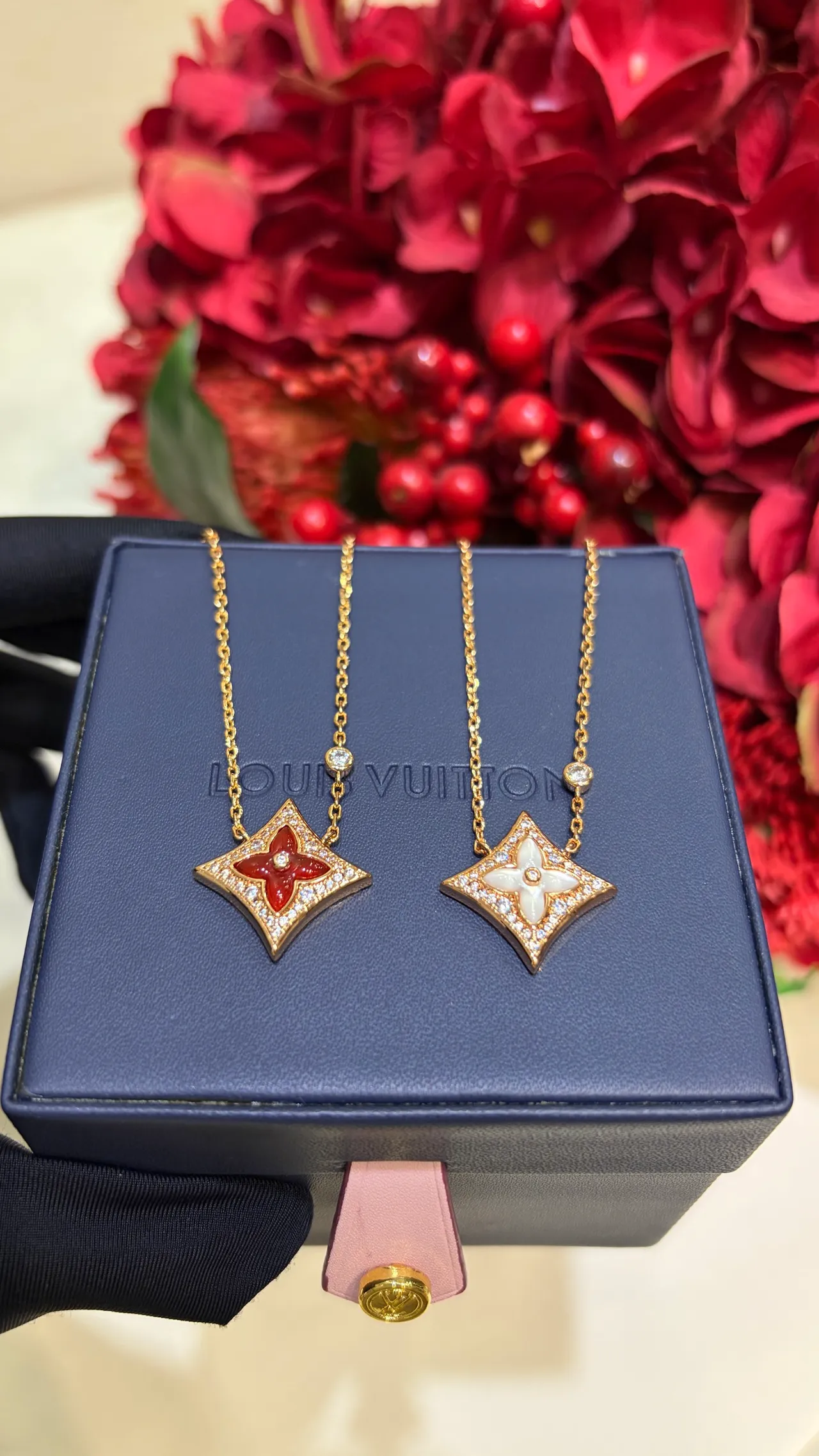 Louis Vuitton Red Enamel Floral Pendant Gold-Tone Necklace