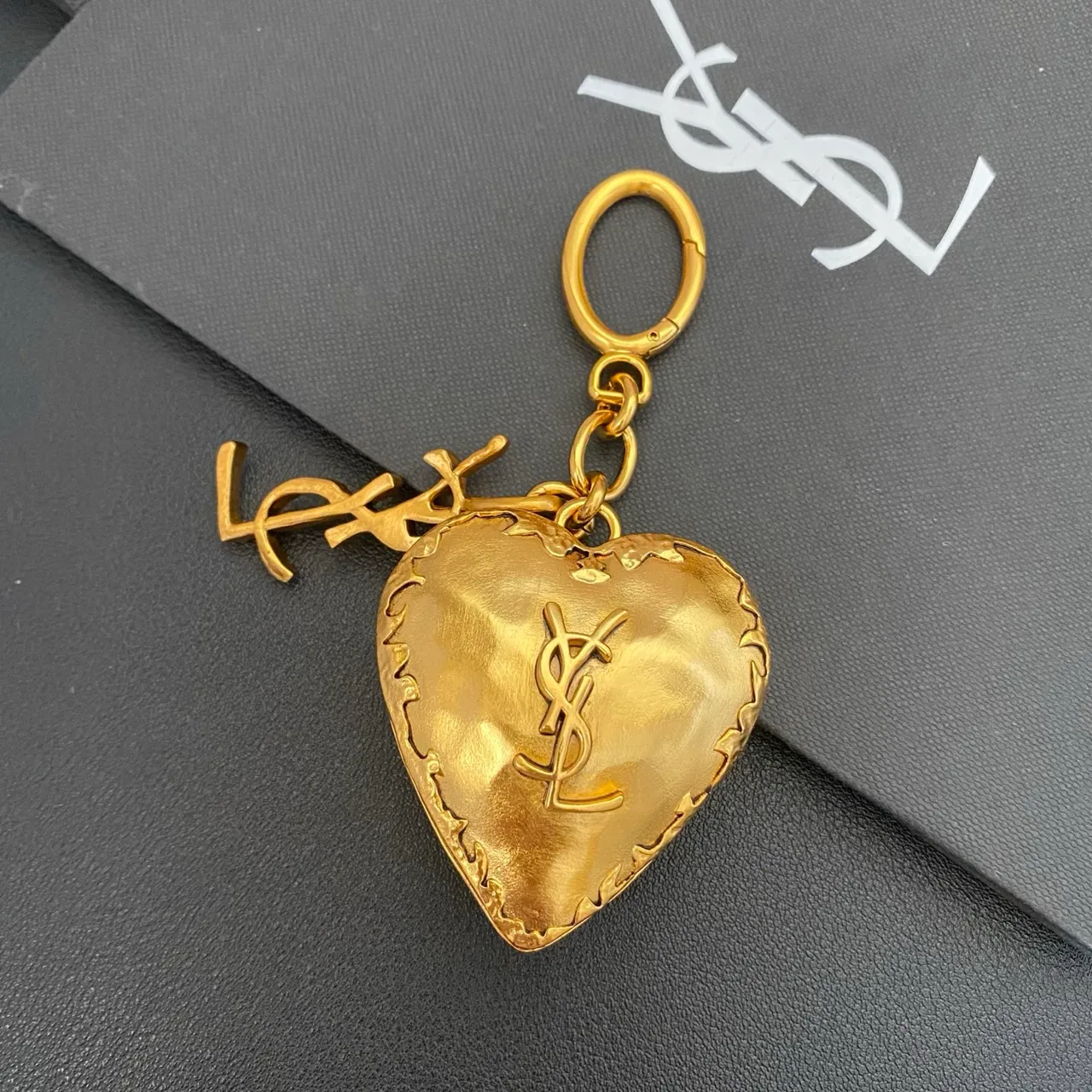 Saint Laurent Monogram Heart Charm Gold Brown Metal Brooch