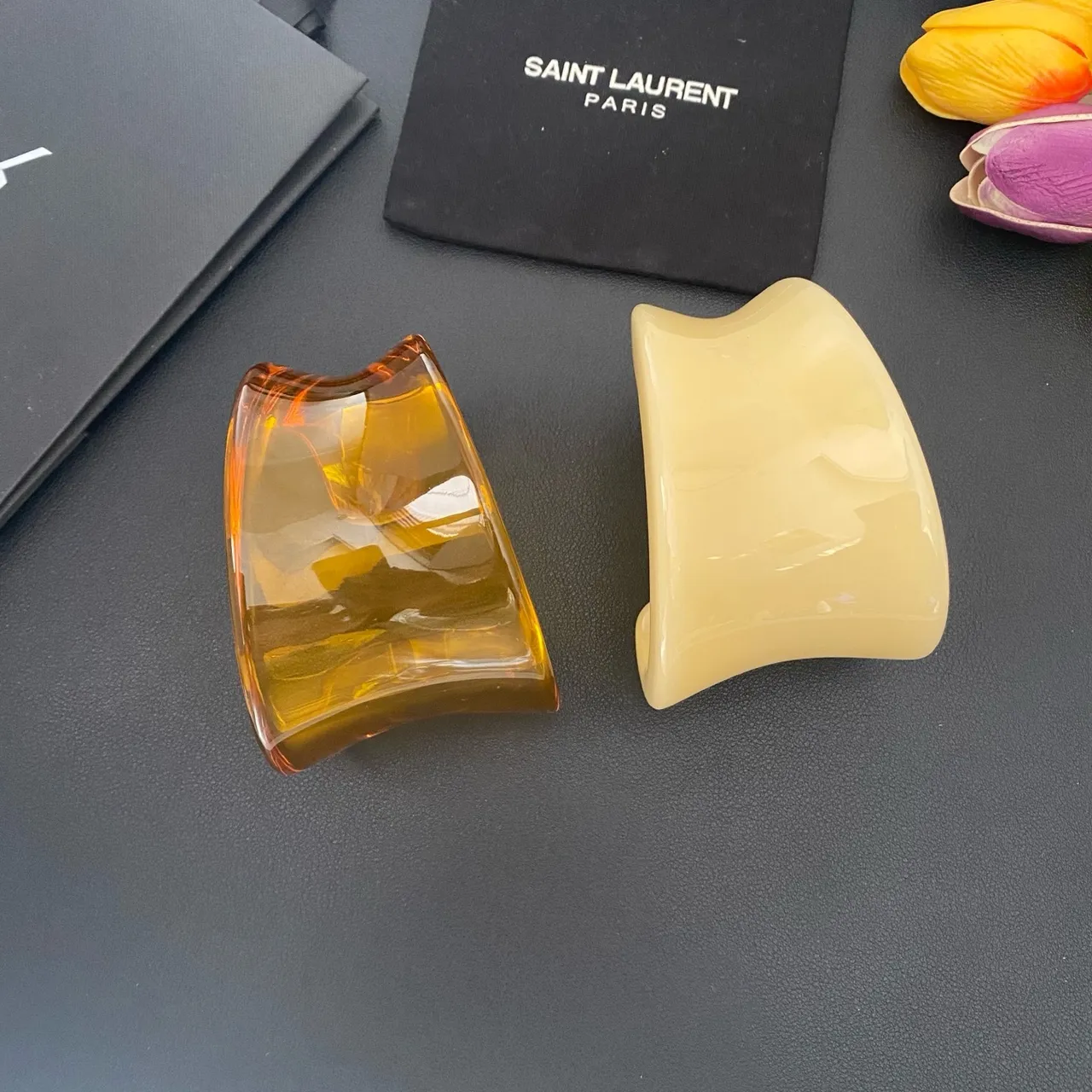 Saint Laurent Beige Orange Sculpted Resin Asymmetrical Cuff Bracelet