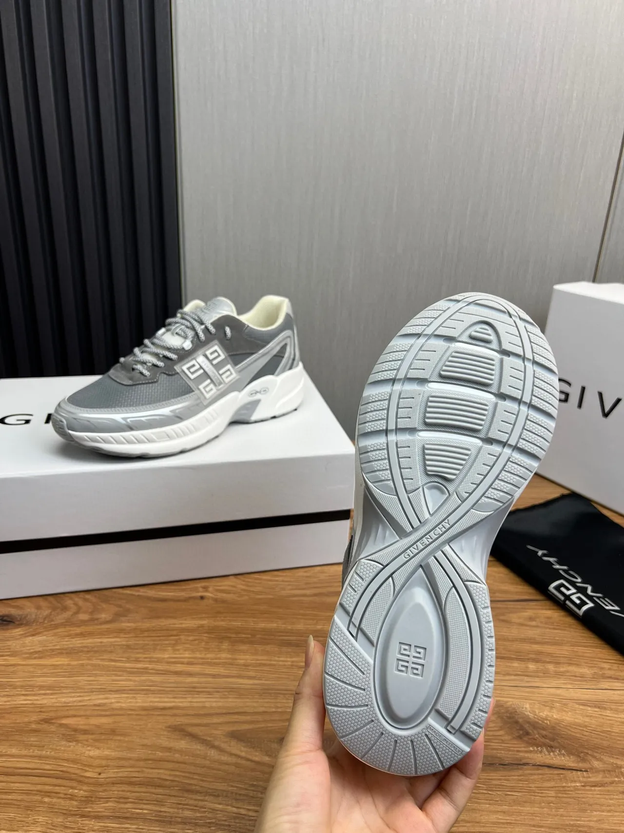 Givenchy Gray White Sole Mesh-Suede Hybrid Upper Chunky Sneakers